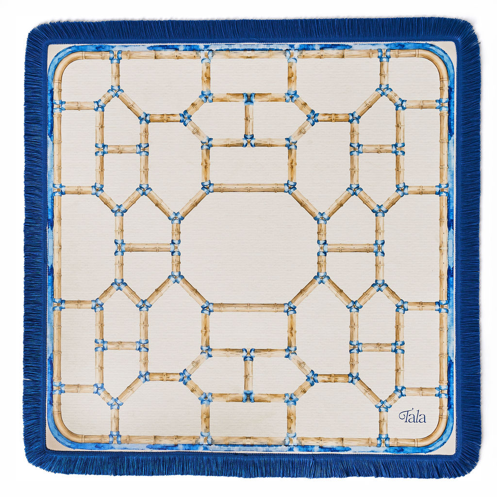 The Pavilion Mahjong Mat - Bamboo Neutral with Blue Fringe