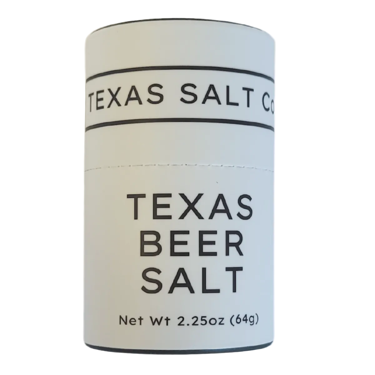 Container of Texas Beer Salt with text on a white background