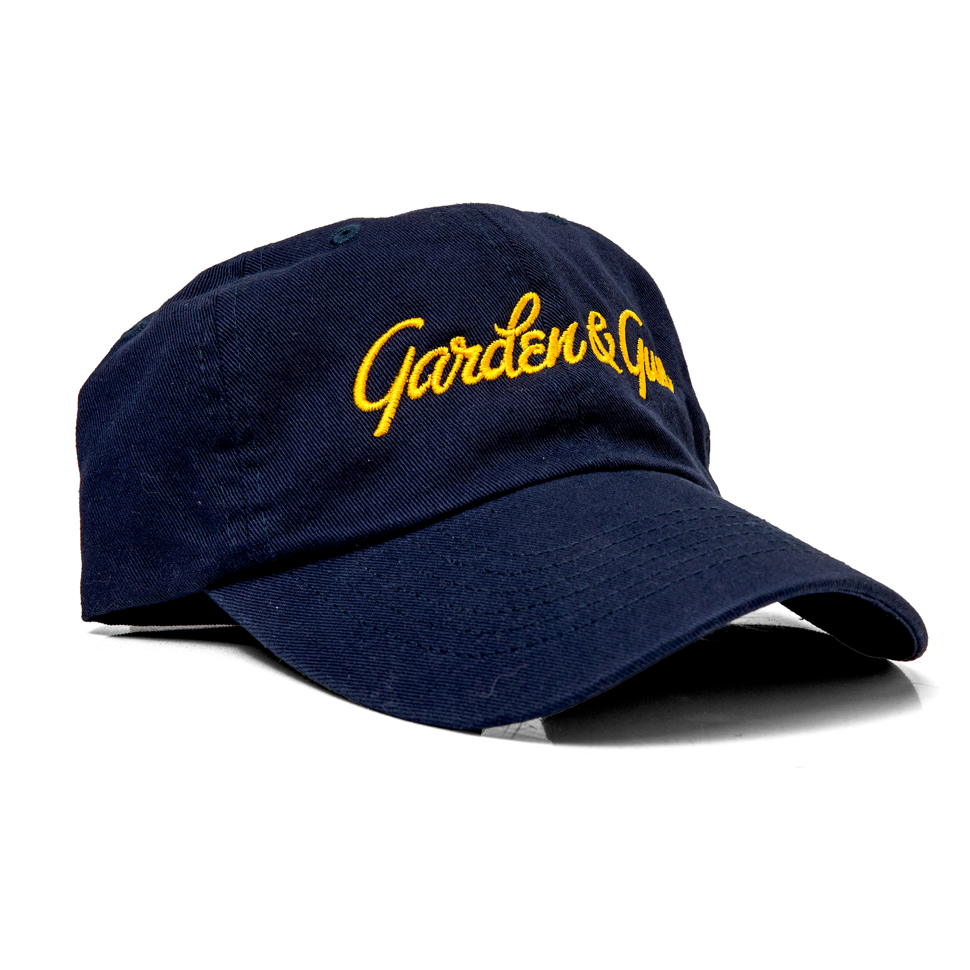 Navy blue cap with yellow text on a white background