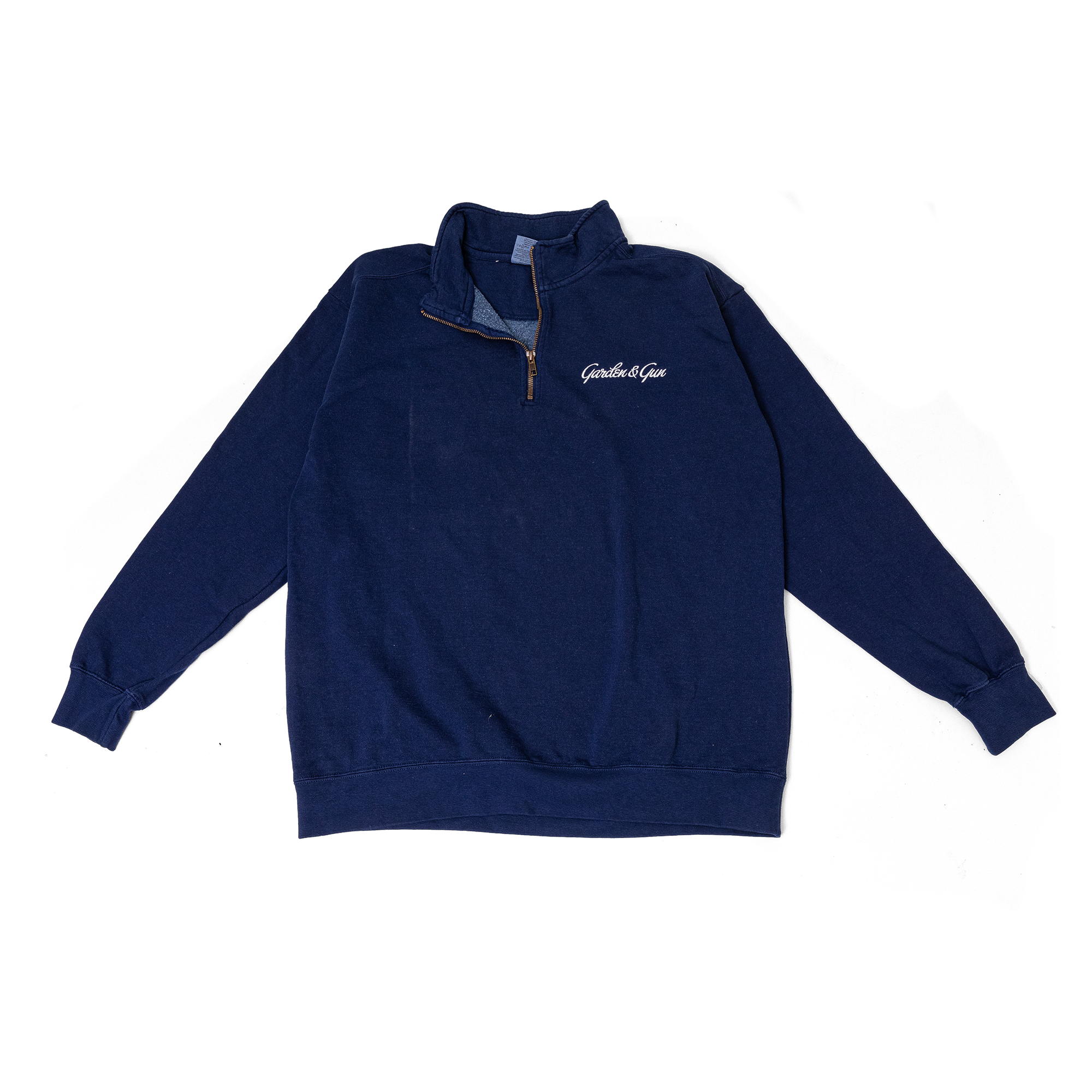 Navy blue pullover with a brand logo on a white background