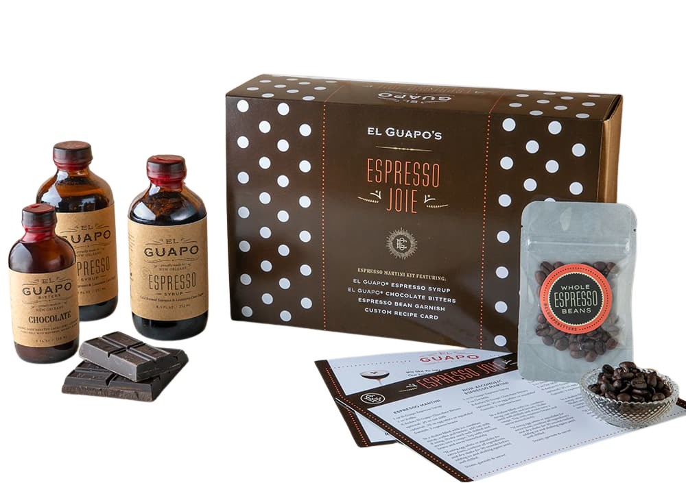Collection of El Guapo espresso products including bottles, a box, and a package on a white background