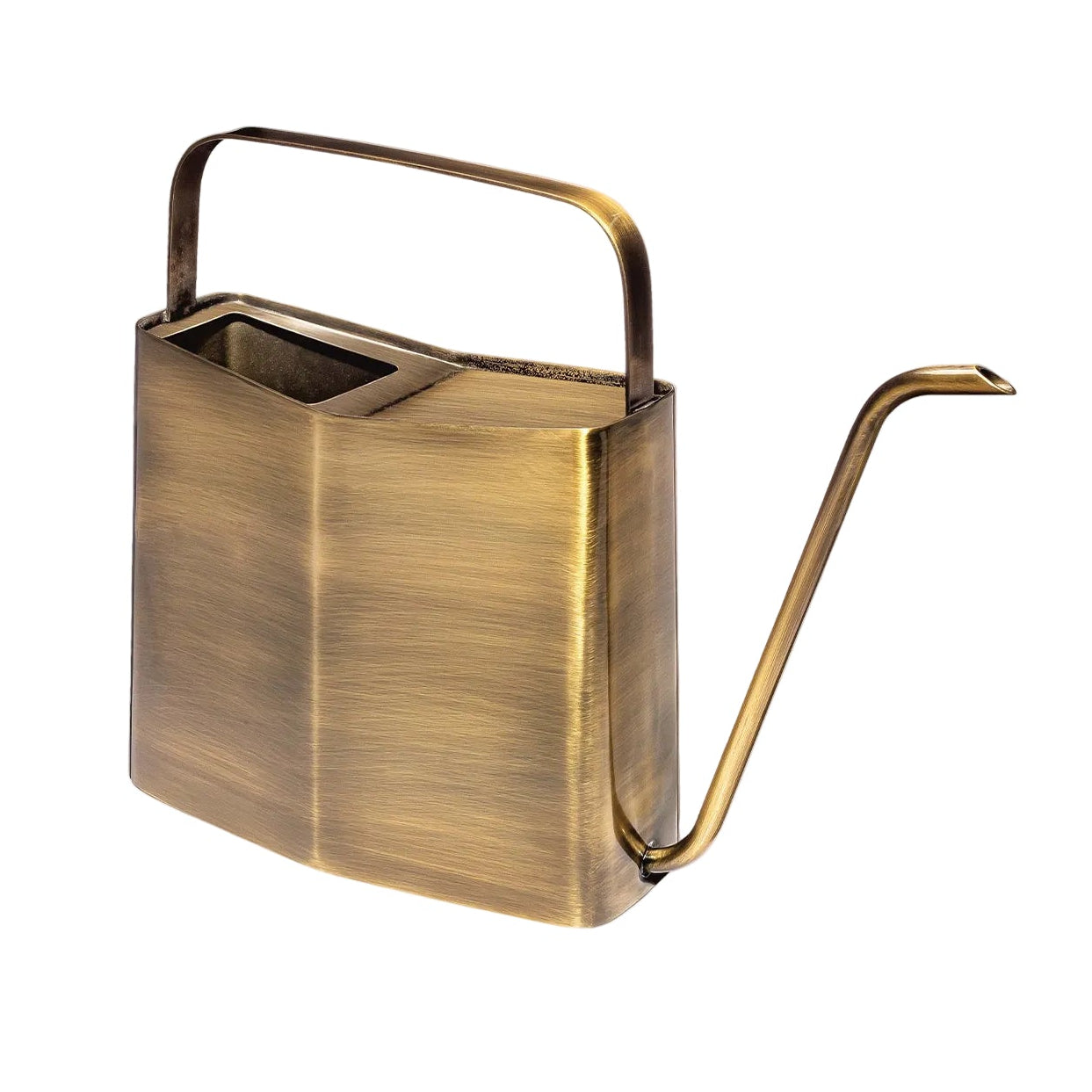 Brass watering can on a light pink and white background