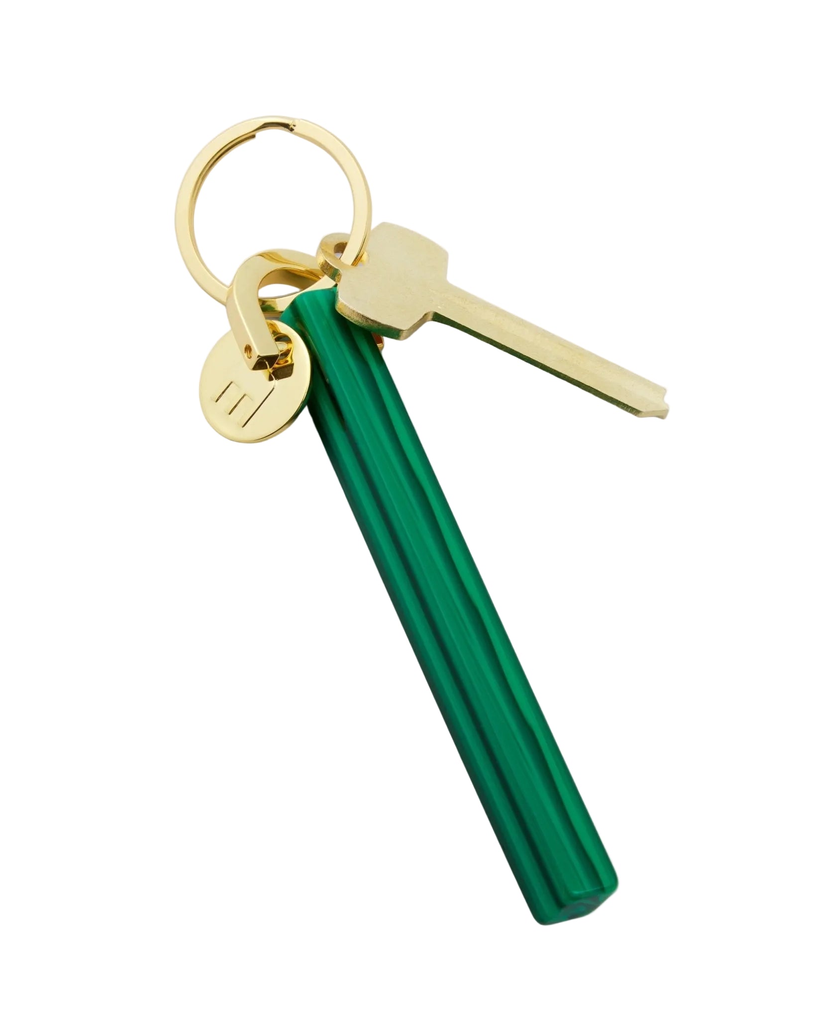 Keychain with a green cylindrical charm and gold keyring on a white background