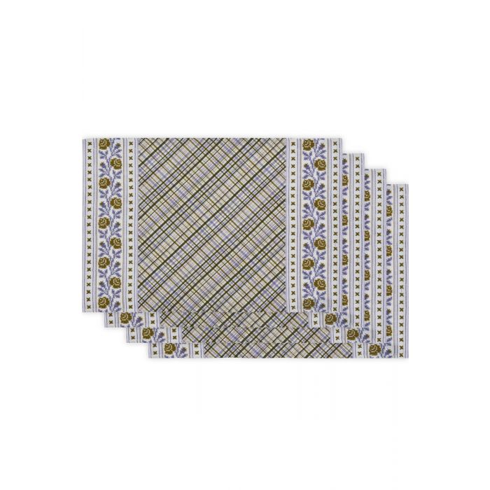 Set of four patterned placemats with decorative borders on a white background