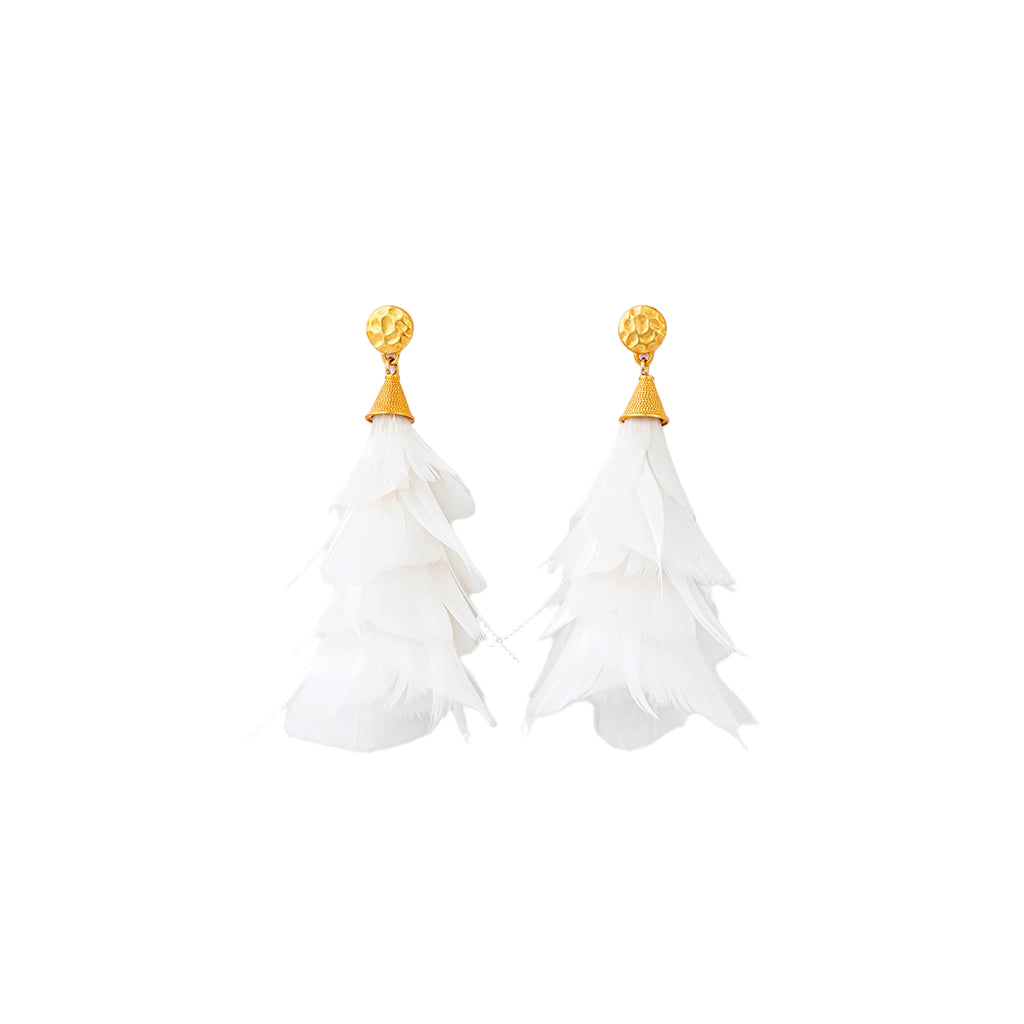 White feather earrings with gold tops on a white background