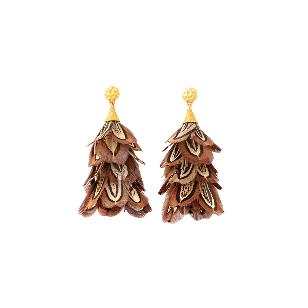 Pair of feather earrings with gold tops on a white background