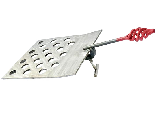 Metal grill pan with a red handle on a white background