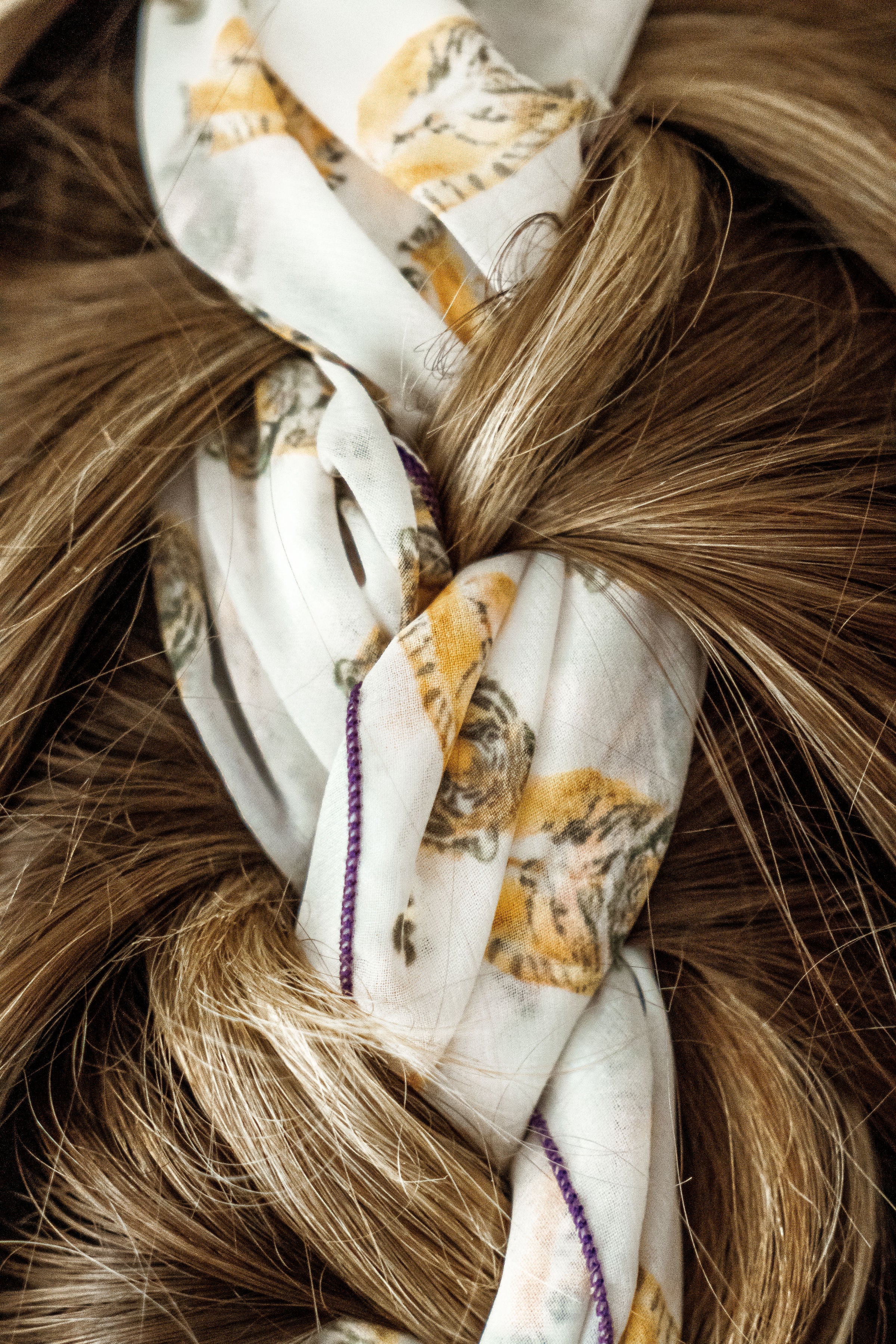 Yellow Tiger Chiffon Scarf with Purple Edging