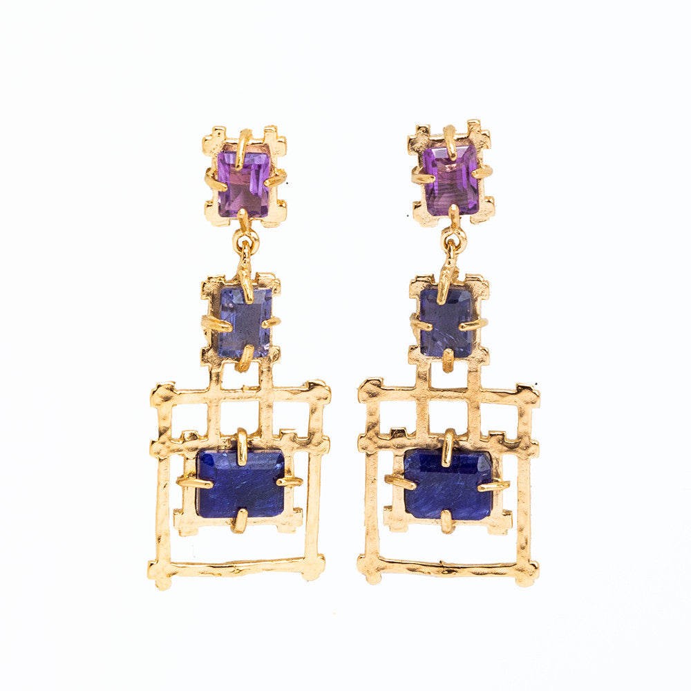 Amethyst, Lolite, & Sapphire Bamboo Short Chandelier Earrings