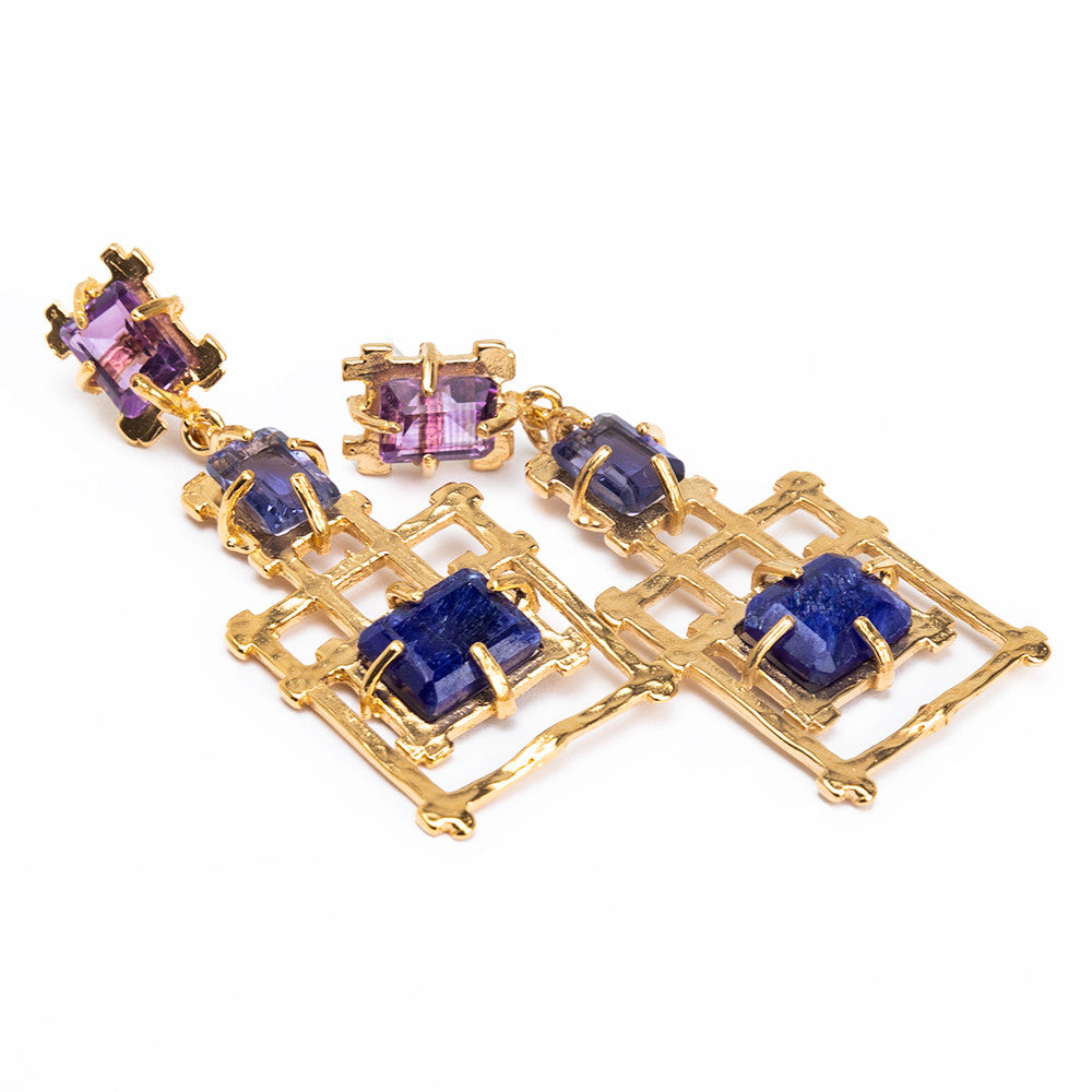 Amethyst, Lolite, & Sapphire Bamboo Short Chandelier Earrings