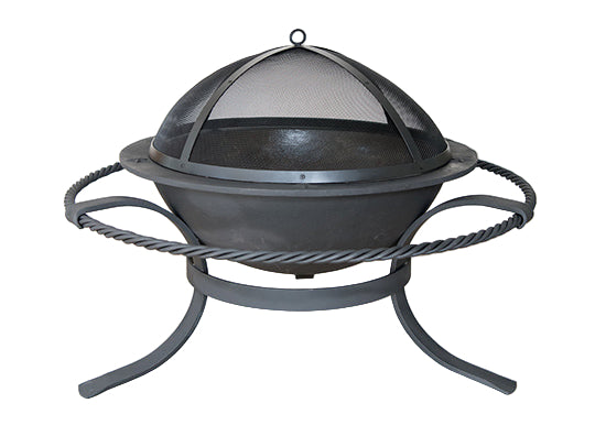 Black metal fire pit with rope-like design on a light wooden surface