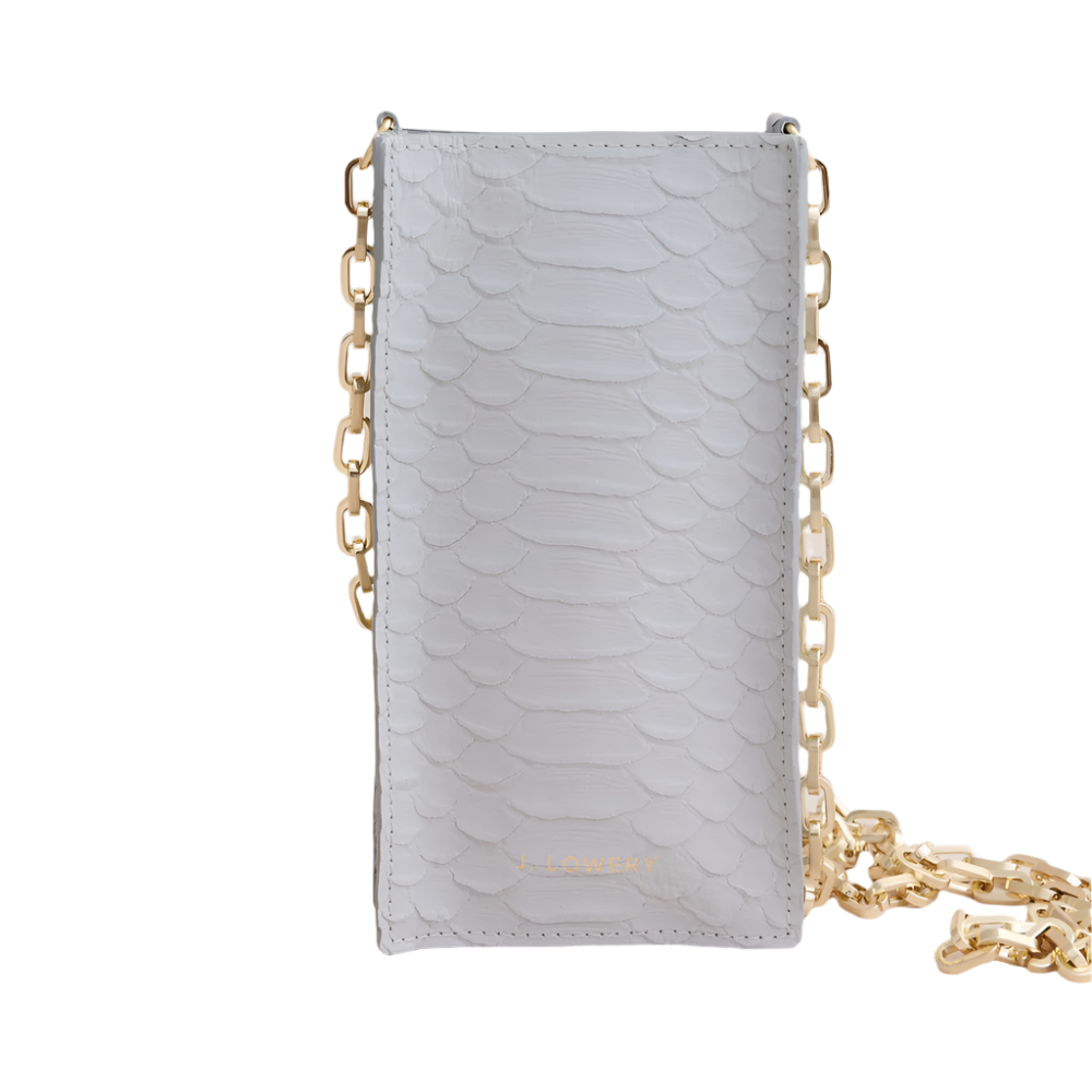 A dove blue python leather phone pouch with a gold chain crossbody strap.