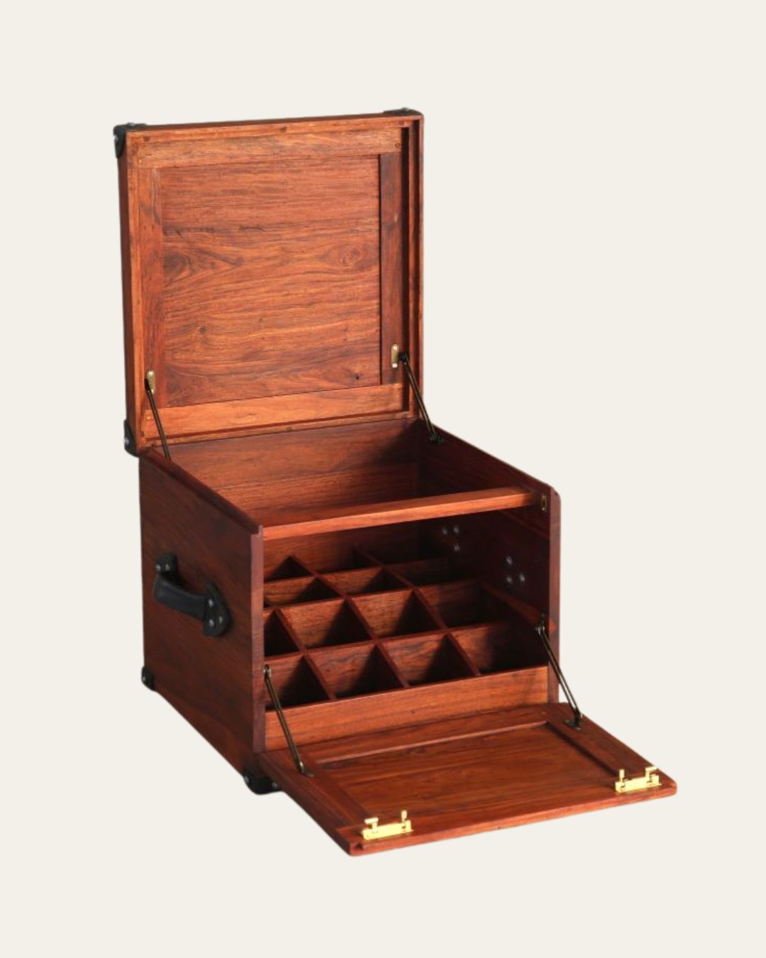 Handcrafted Teak Safari Field Bar with Leather Handles