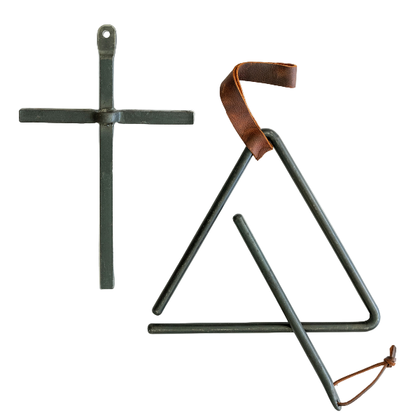 Metal triangle with leather strap on a white background