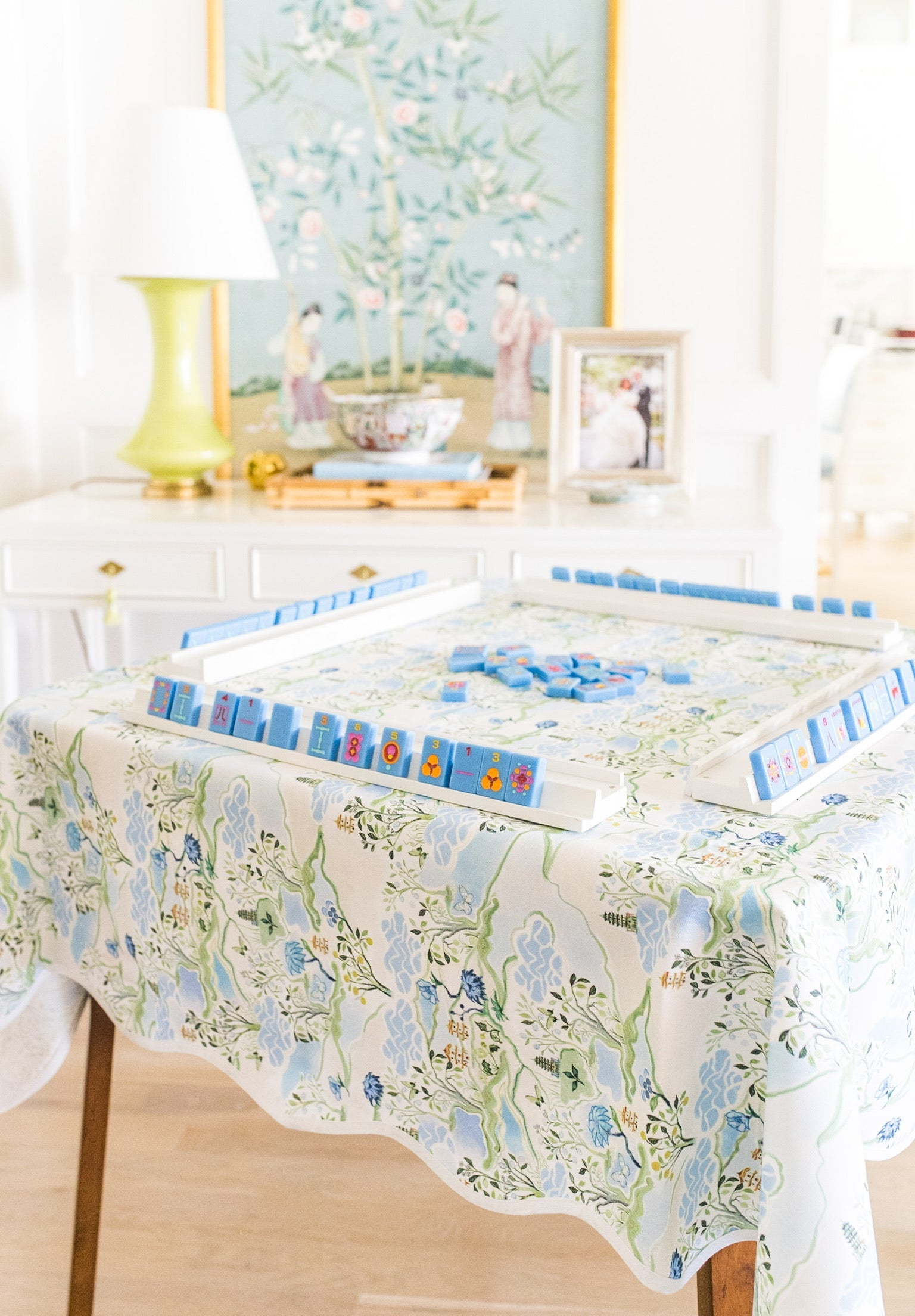 Scalloped Square Table Topper in Blue Pagoda