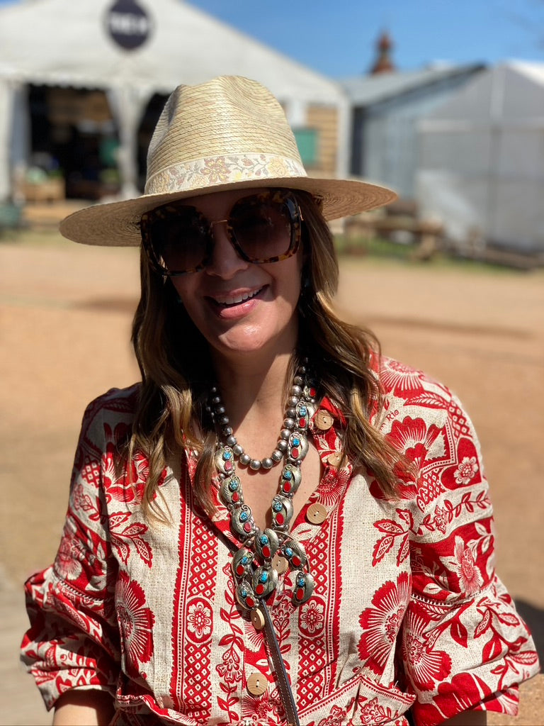 Zinnia Sun Hat - Blue Thistle Block Print Hat Scarf