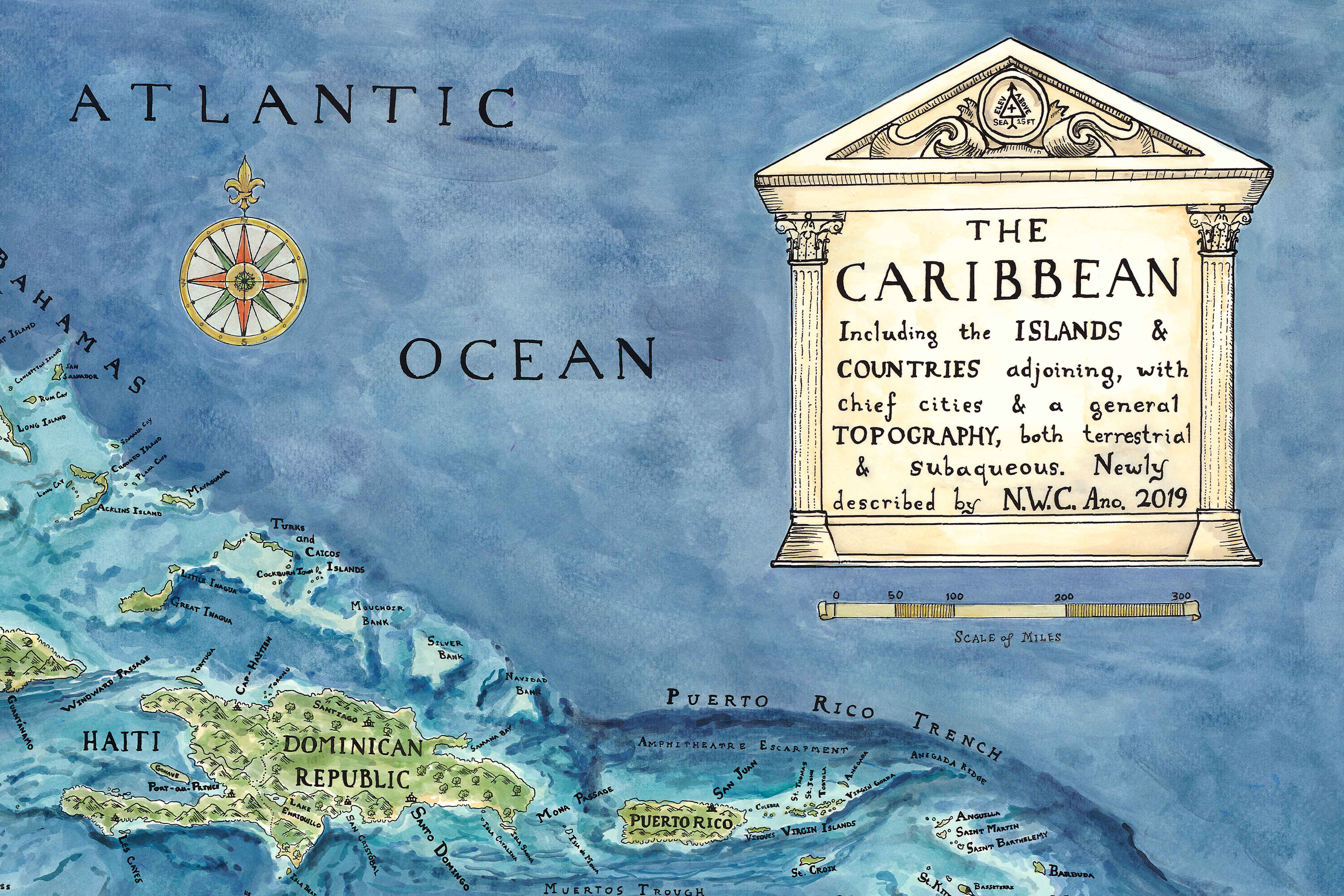 Map of the Caribbean Ocean with a classical architectural design element.