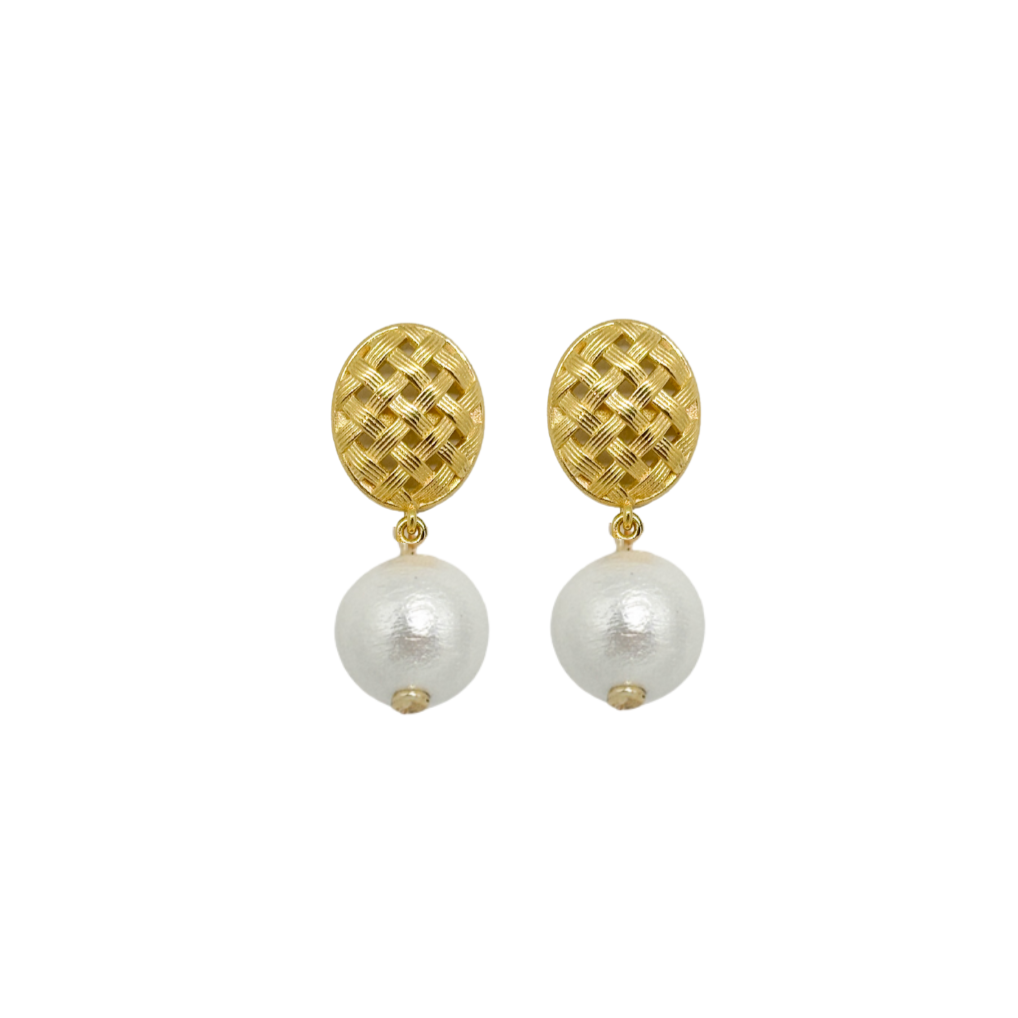 Catherine Gold Basketweave & Single Cotton Pearl Earrings