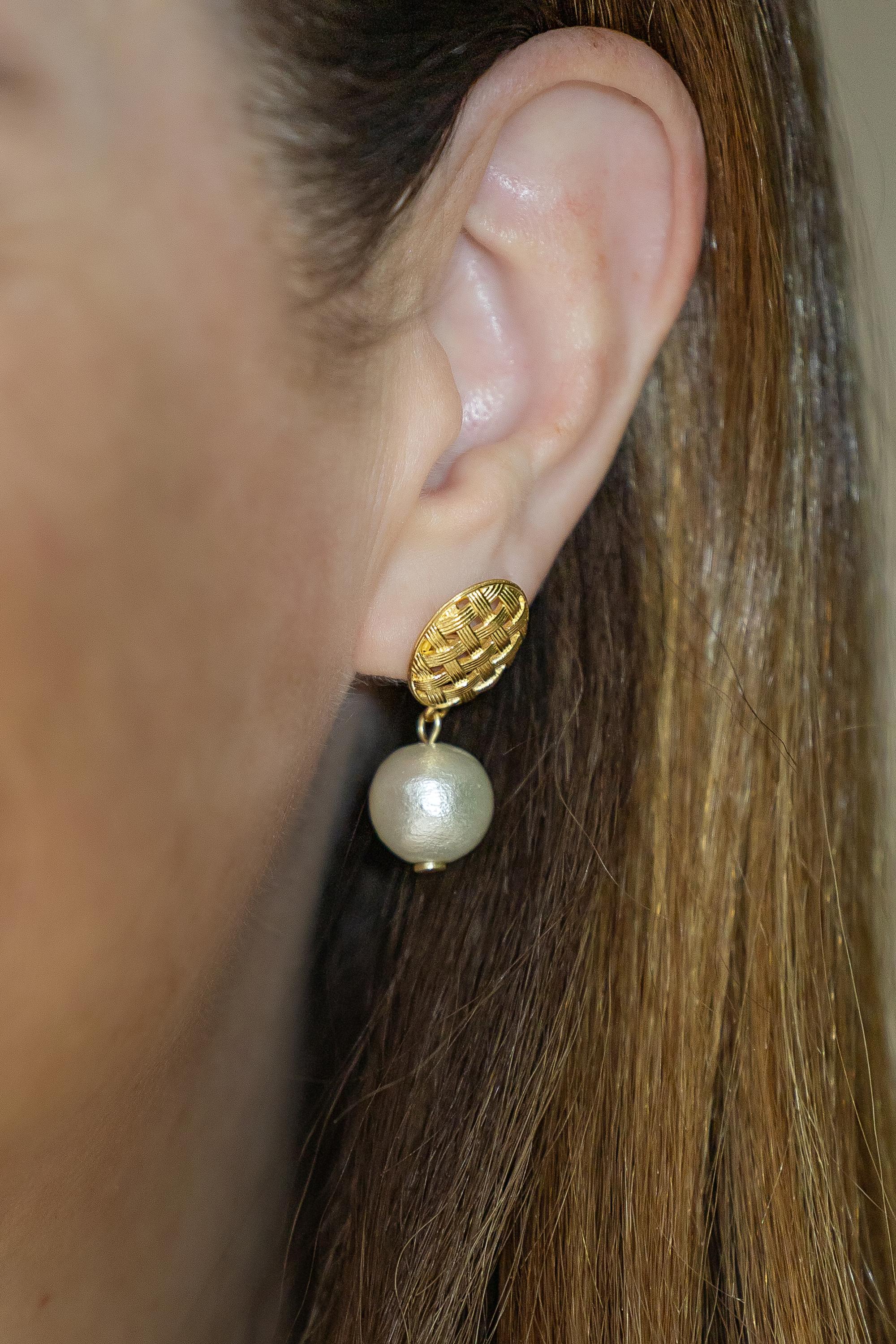Catherine Gold Basketweave & Single Cotton Pearl Earrings