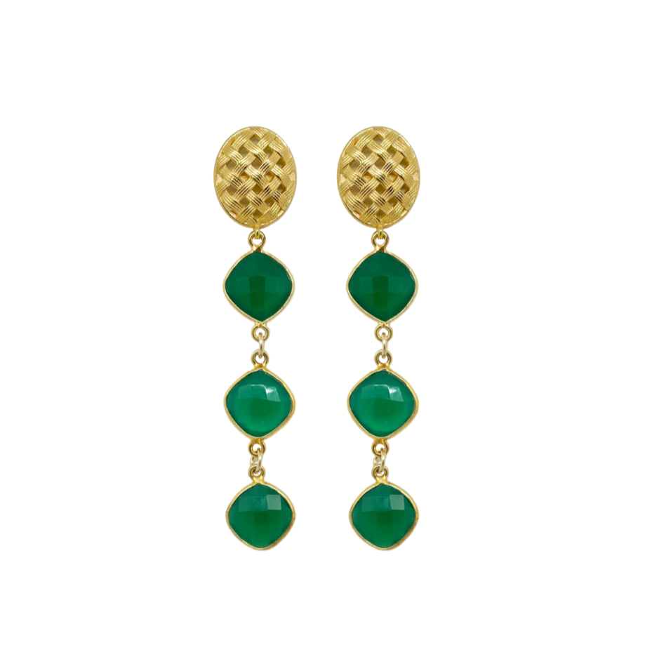 Catherine Gold Basketweave & Triple Emerald Earrings