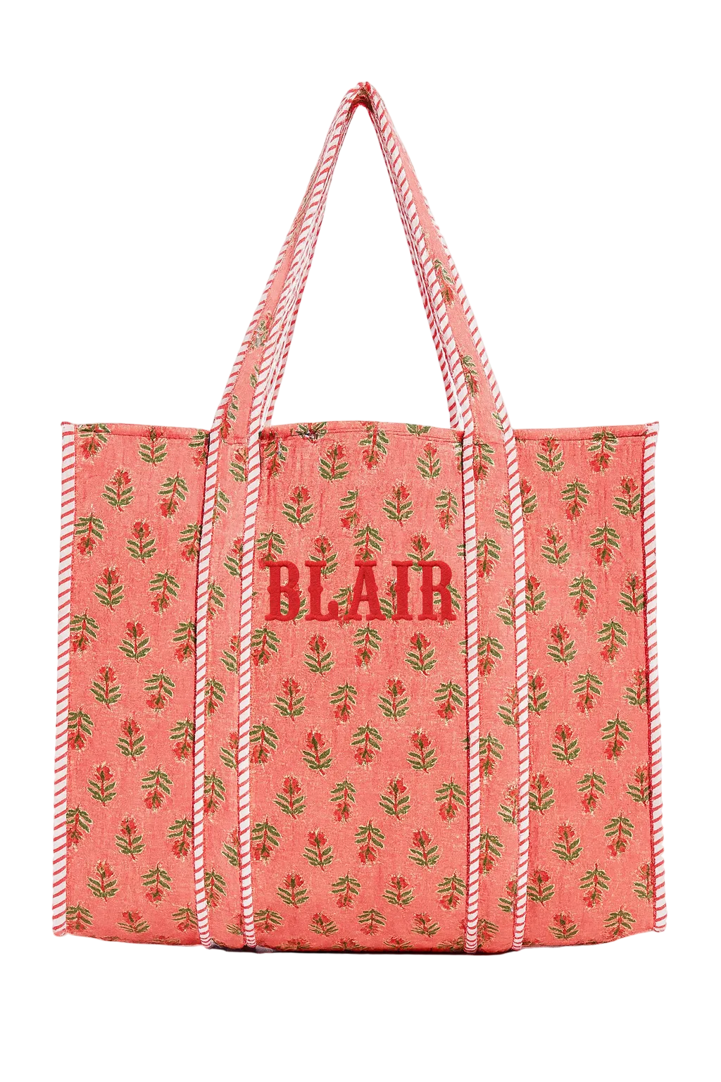 Pink tote bag with floral pattern and 'BLAIR' text on a white background
