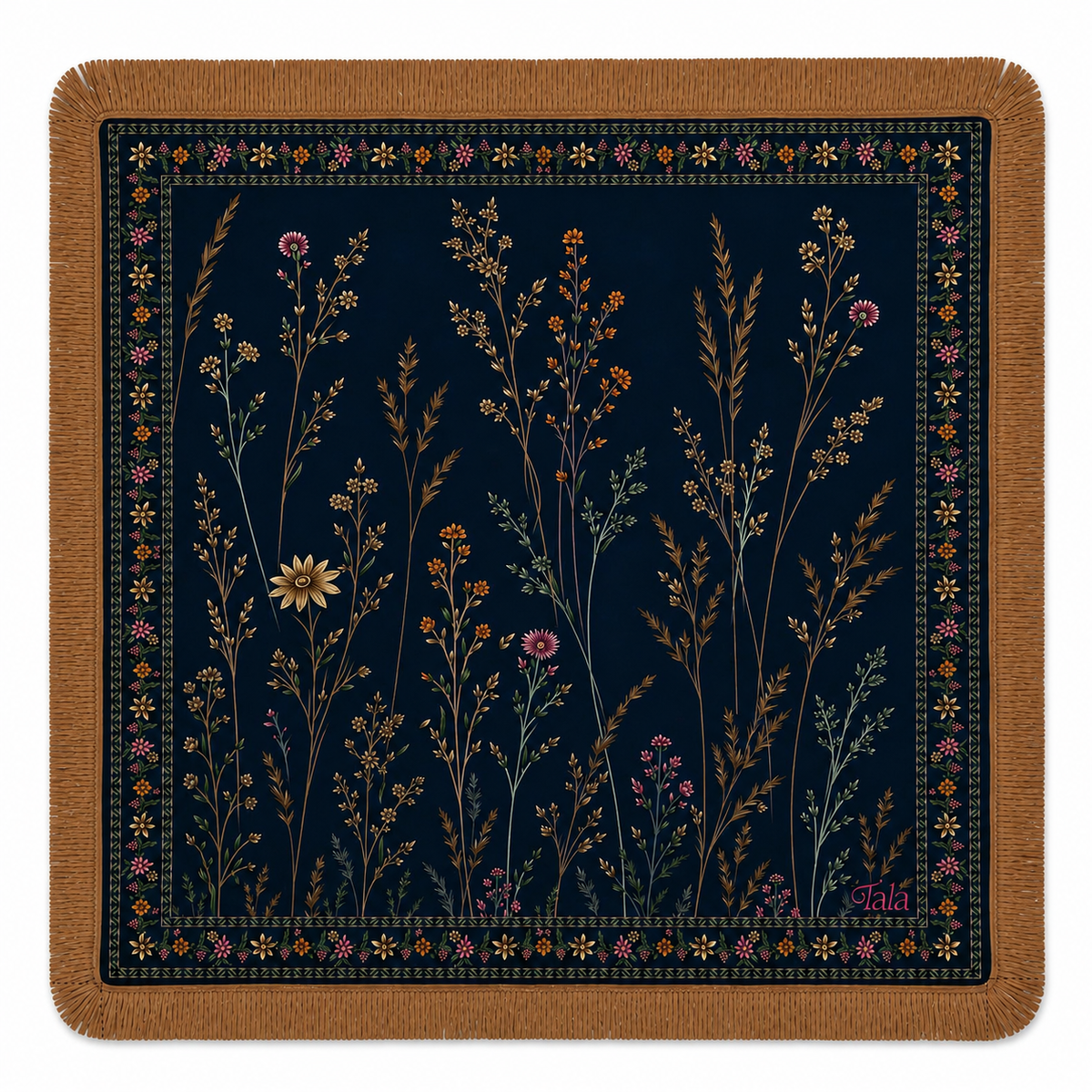 Midnight Wildflowers Mahjong Mat with Camel Fringe