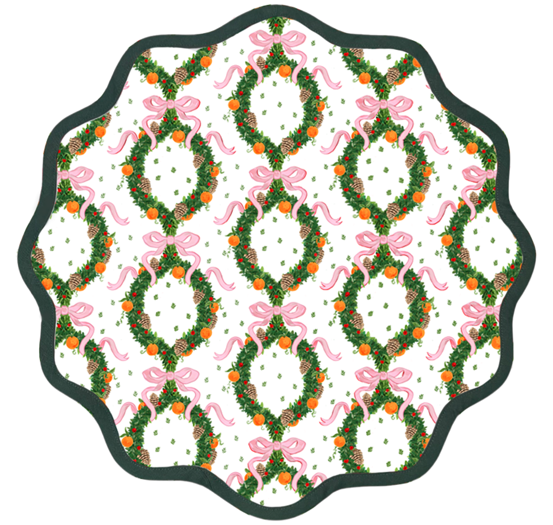 Round Scalloped Placemat in Holiday Wreath - Peony Pink