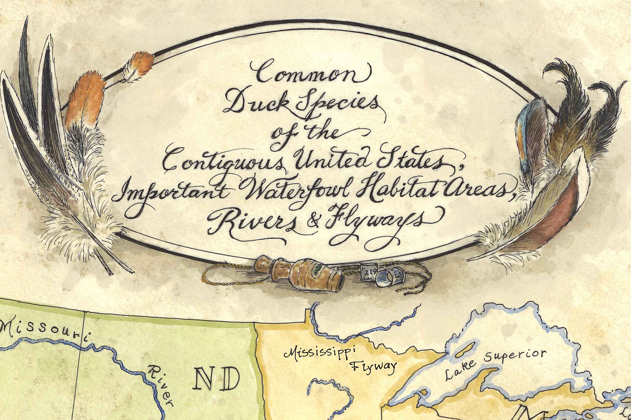 Map of waterfowl habitat areas with feather decorations and text on a beige background