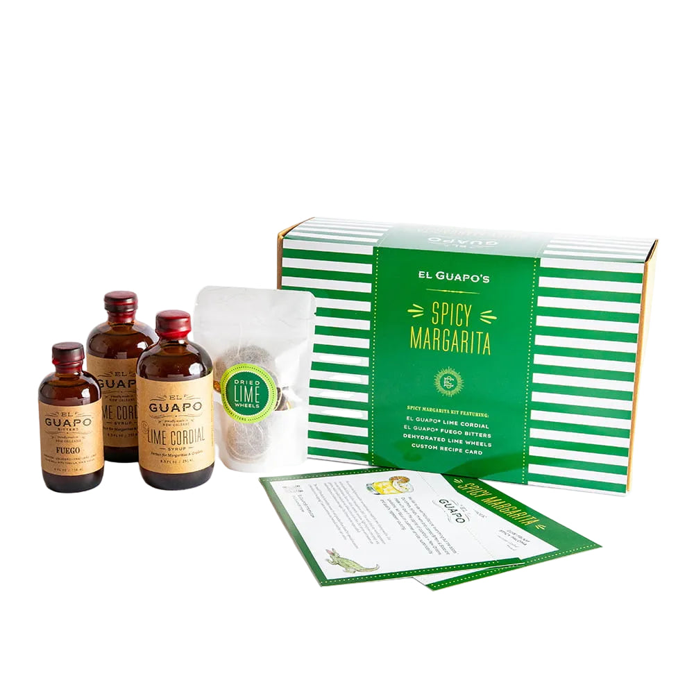 El Guapo's Spicy Margarita kit with bottles, packaging, and recipe cards on a white background