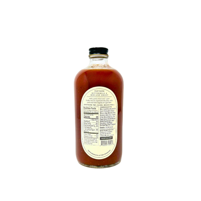 Bottle of bloody mary mix with a label on a white background