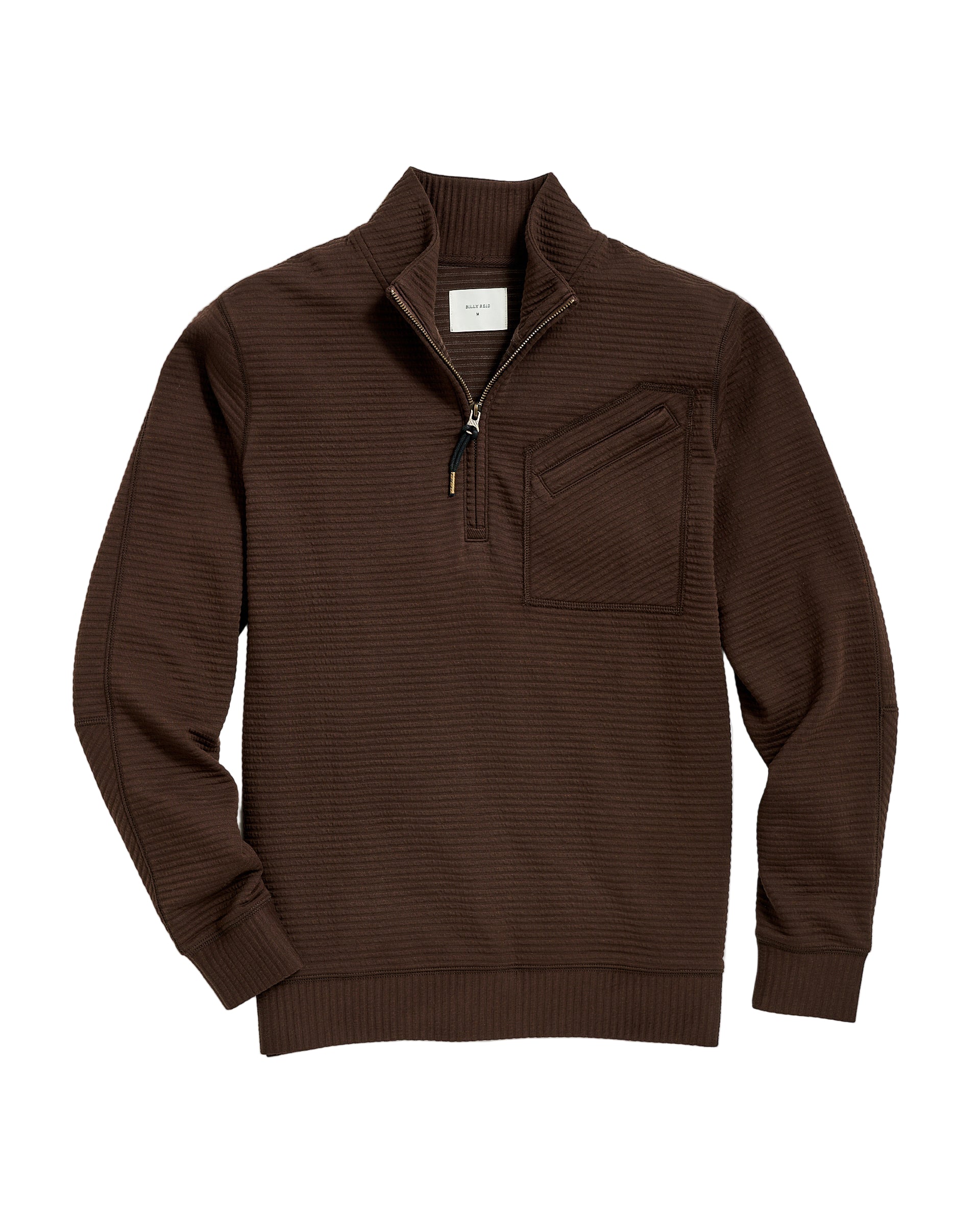 A quilted half zip sweater in brown color with a subtle pattern, featuring a chest pocket and a quarter zipper.