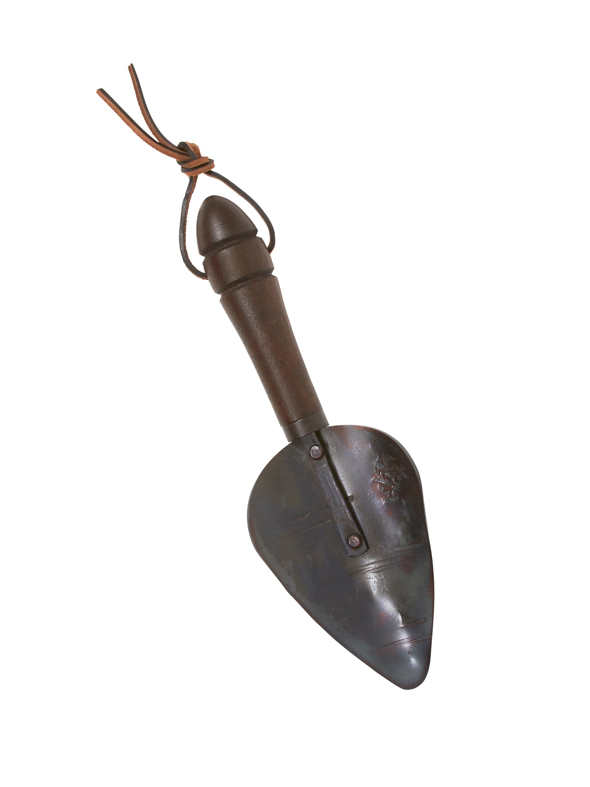 Metal tool with a leather strap on a white background