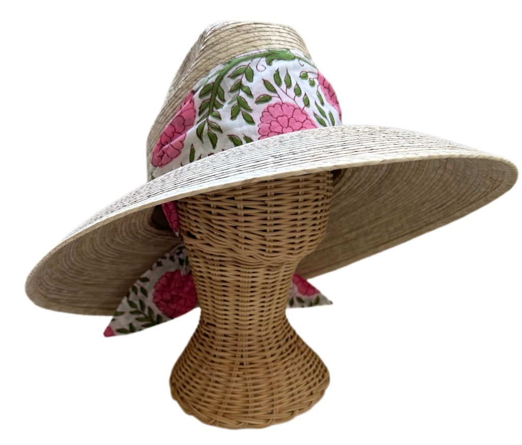 Hollyhock Sun Hat - Pink Marigold Block Print Hat Scarf