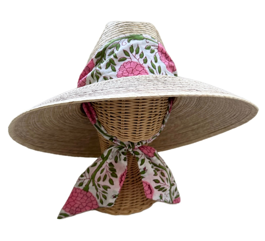 Hollyhock Sun Hat - Pink Marigold Block Print Hat Scarf