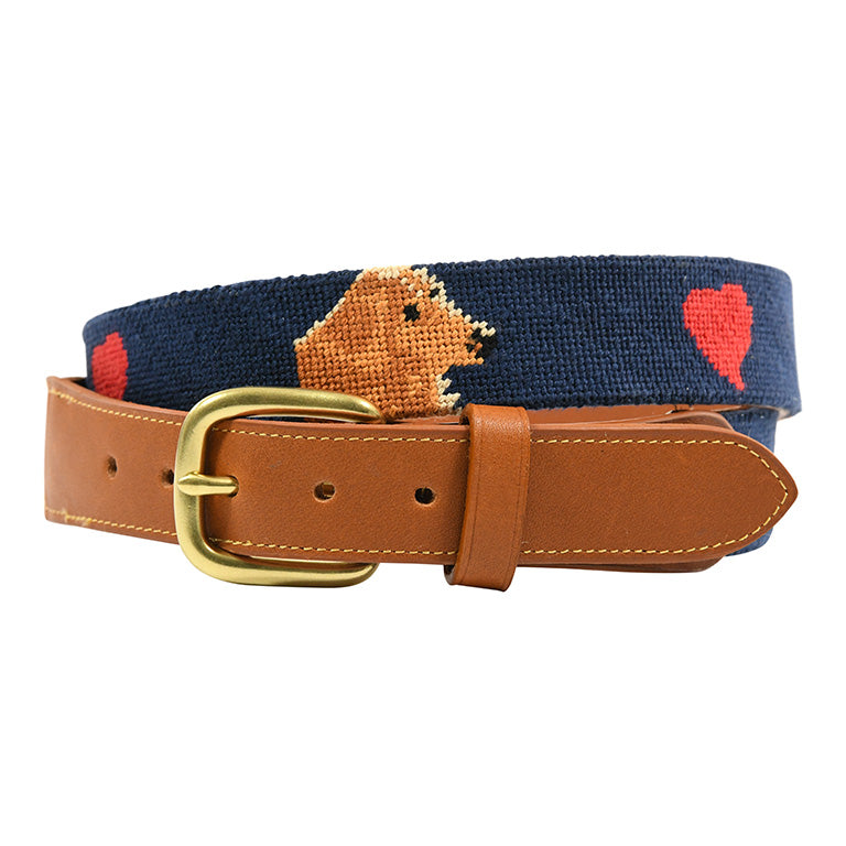 Navy belt with red hearts and brown bear design, featuring a gold buckle on a white background.