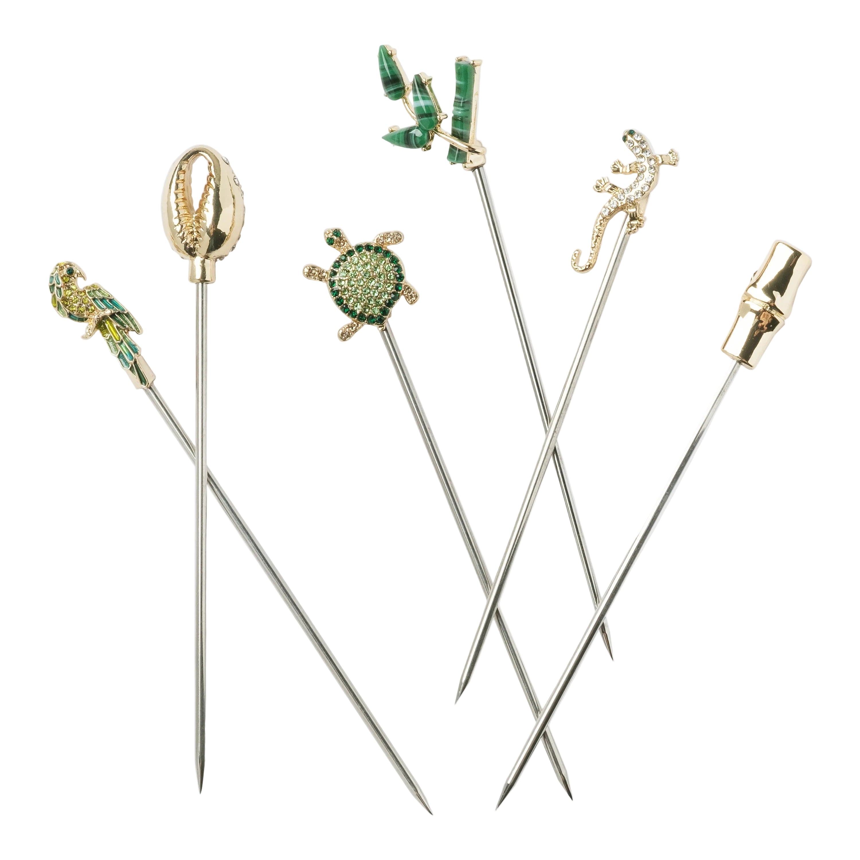 Set of decorative cocktail sticks with animal-themed ends on a white background