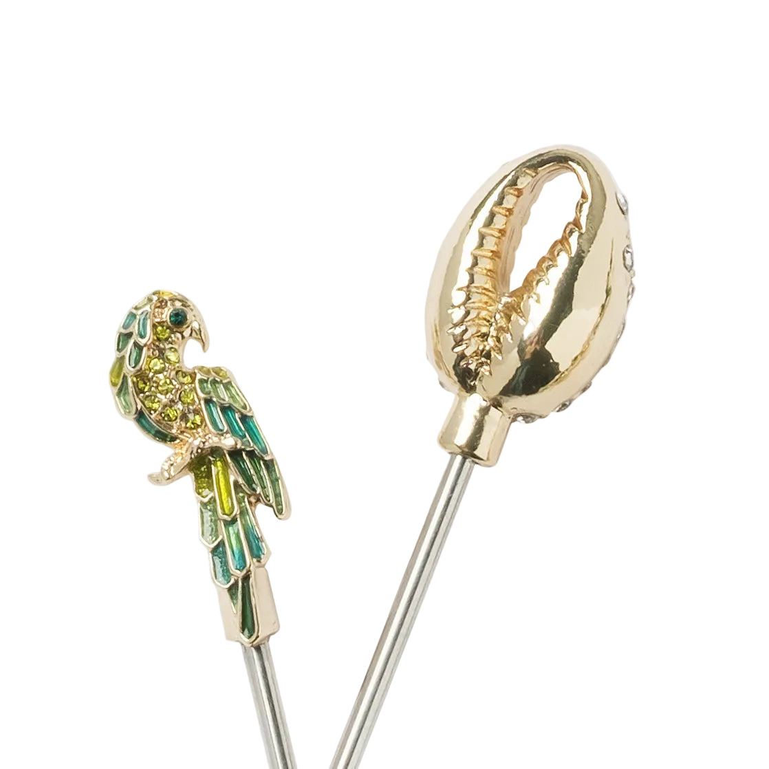 Gold and green parrot-shaped stickpin on a white background