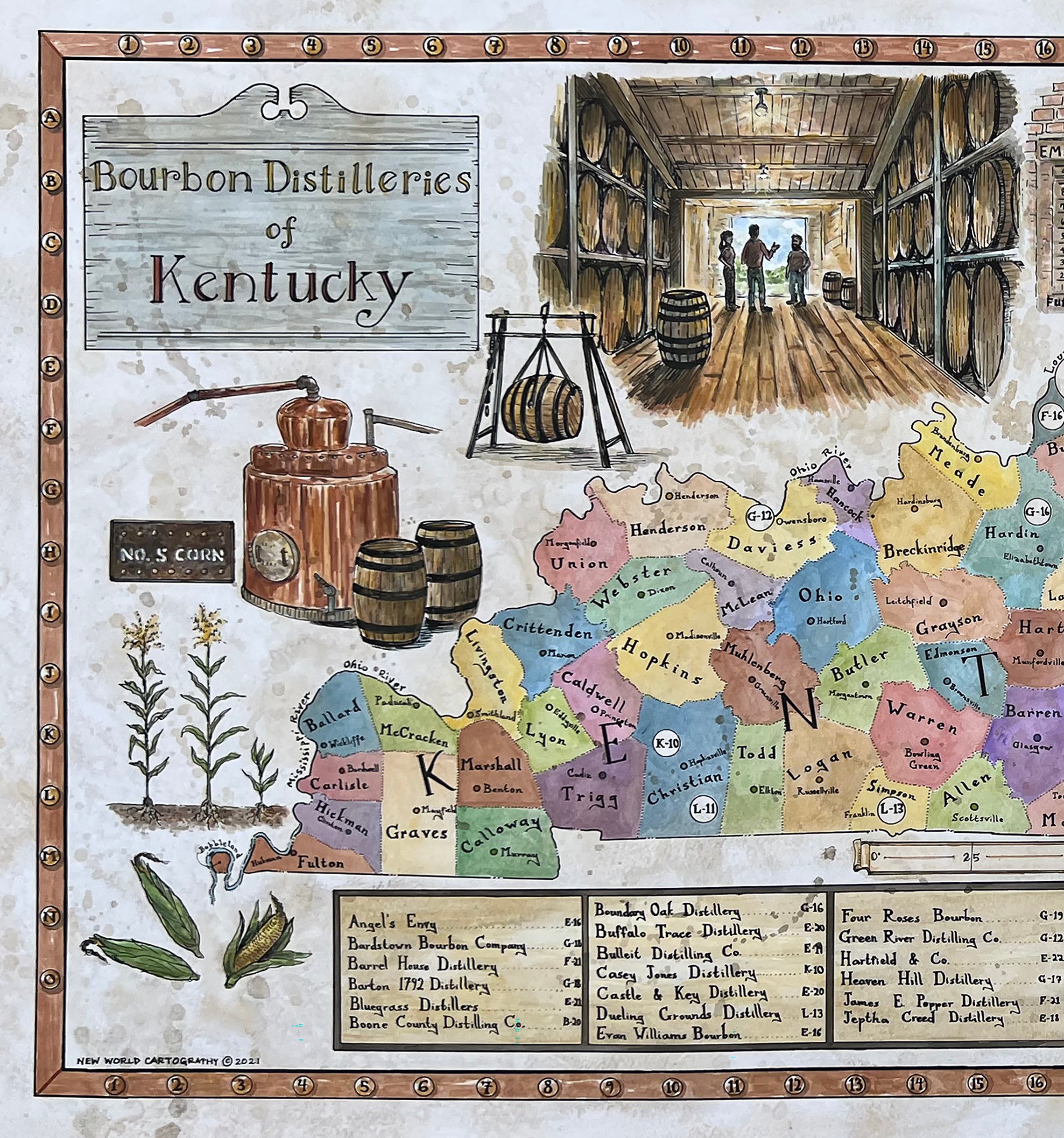 Map of Bourbon Distilleries of Kentucky with illustrations and text.