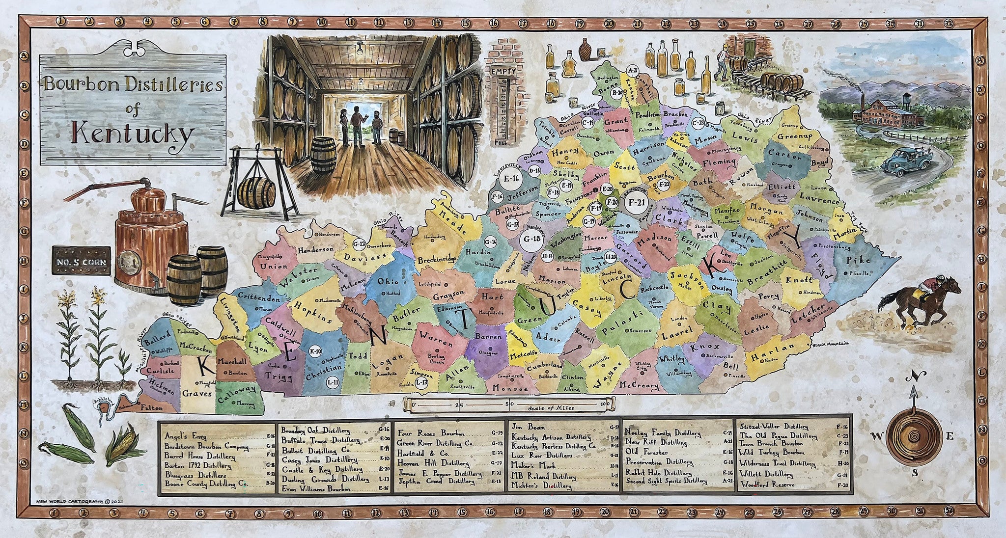 Map of Kentucky with bourbon distilleries labeled