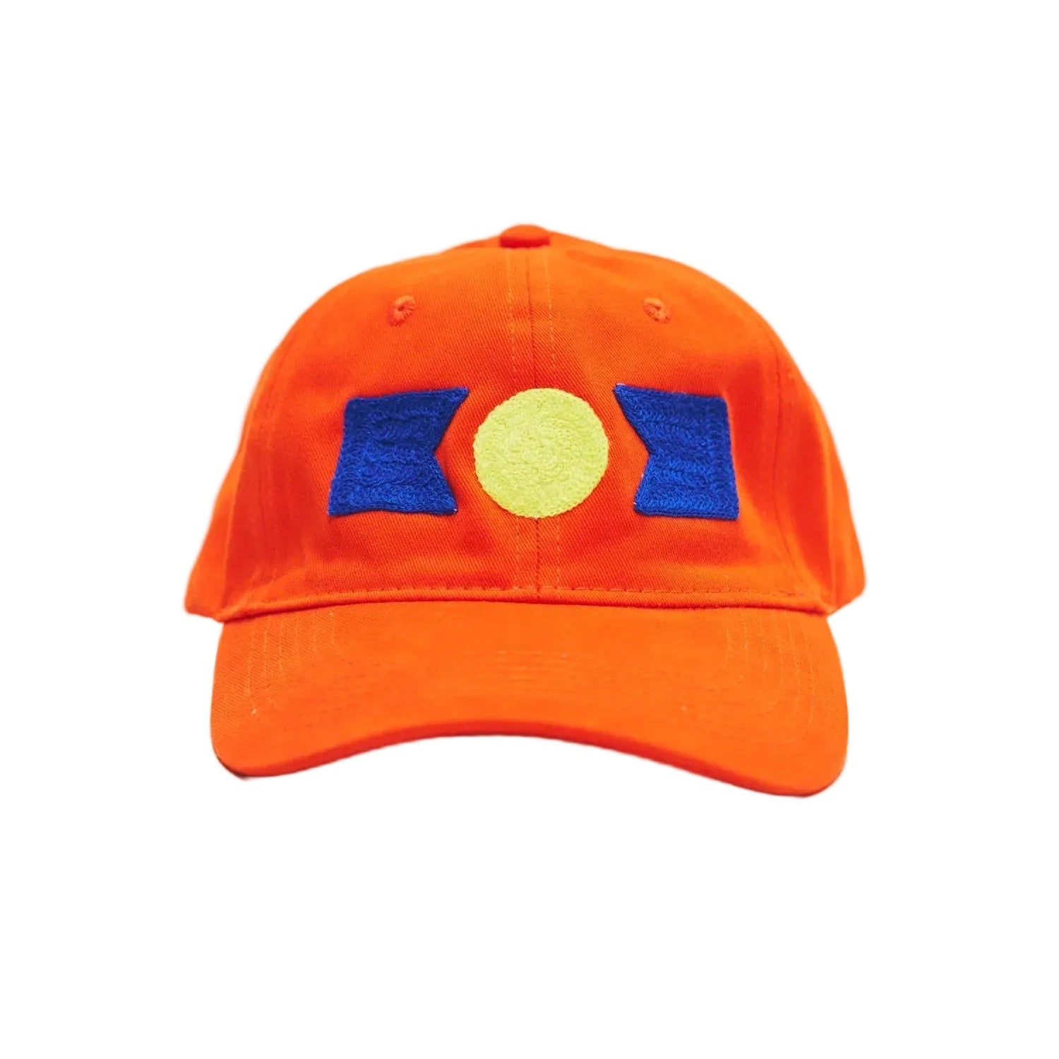 Orange cap with blue and yellow design on a light gray background