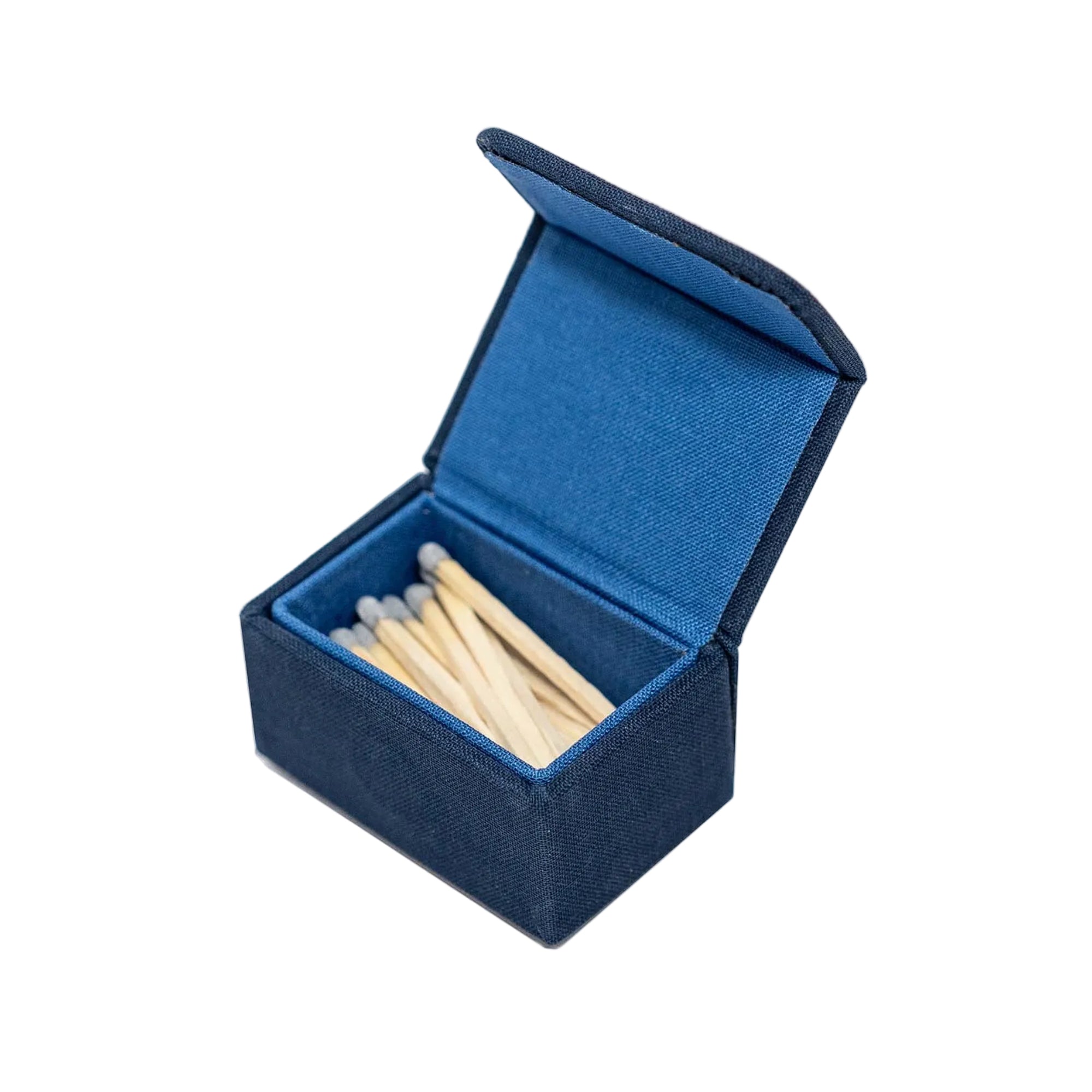 Open blue matchbox with matches on a white background
