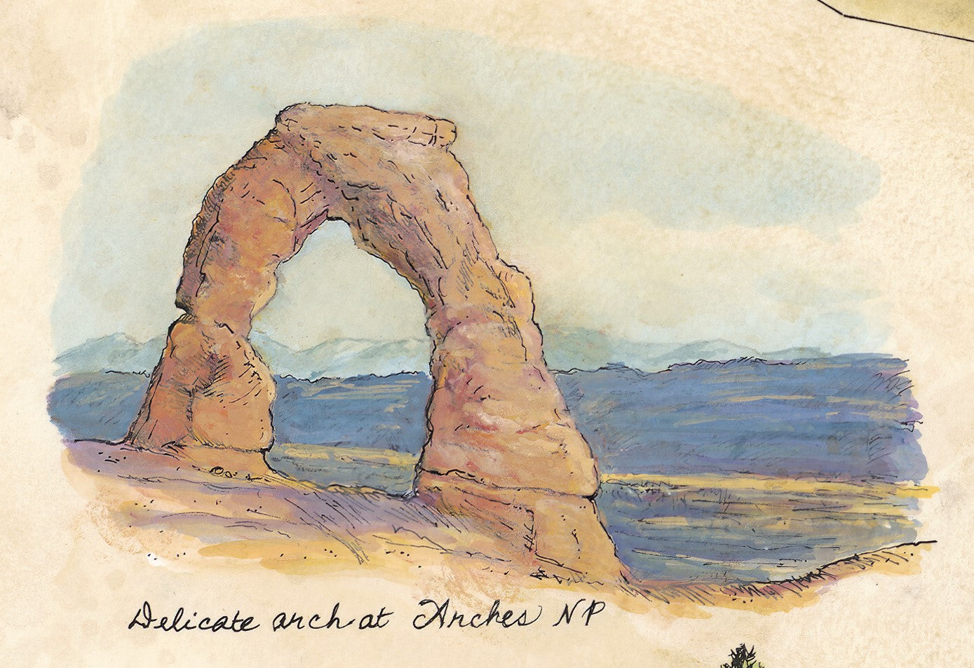 Watercolor painting of Delicate Arch at Arches National Park