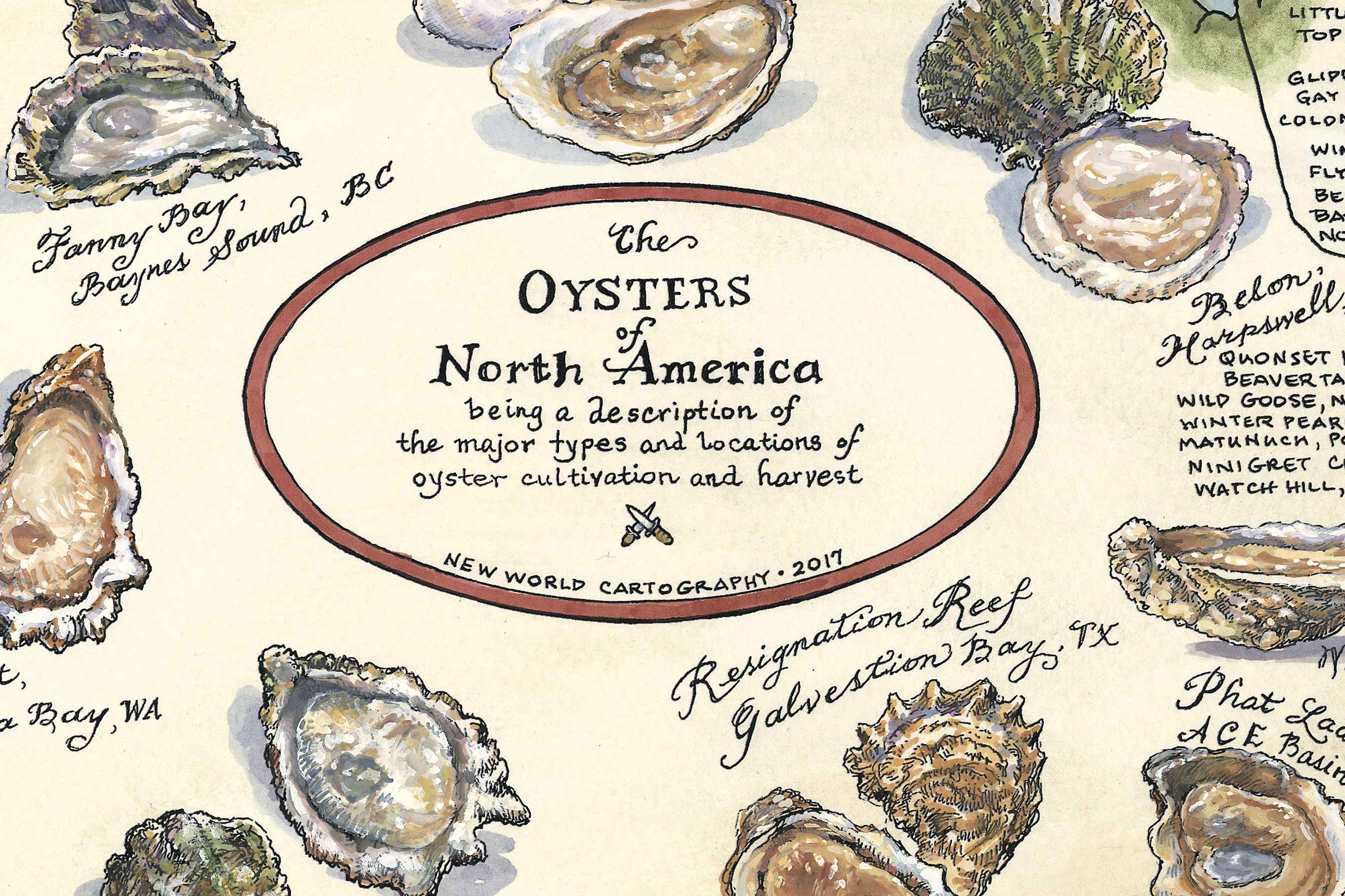 Illustration of oysters with text on a beige background