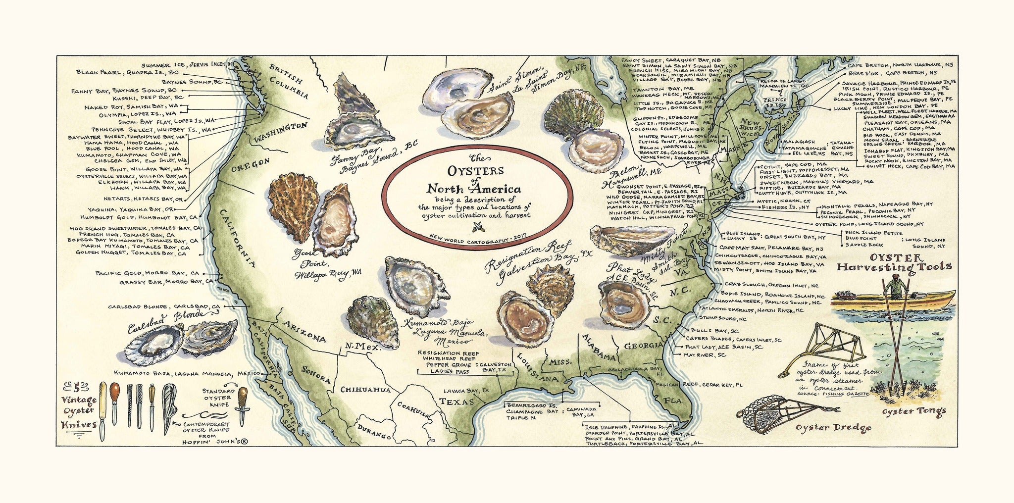 Map of North America with oyster depictions and text on a white background