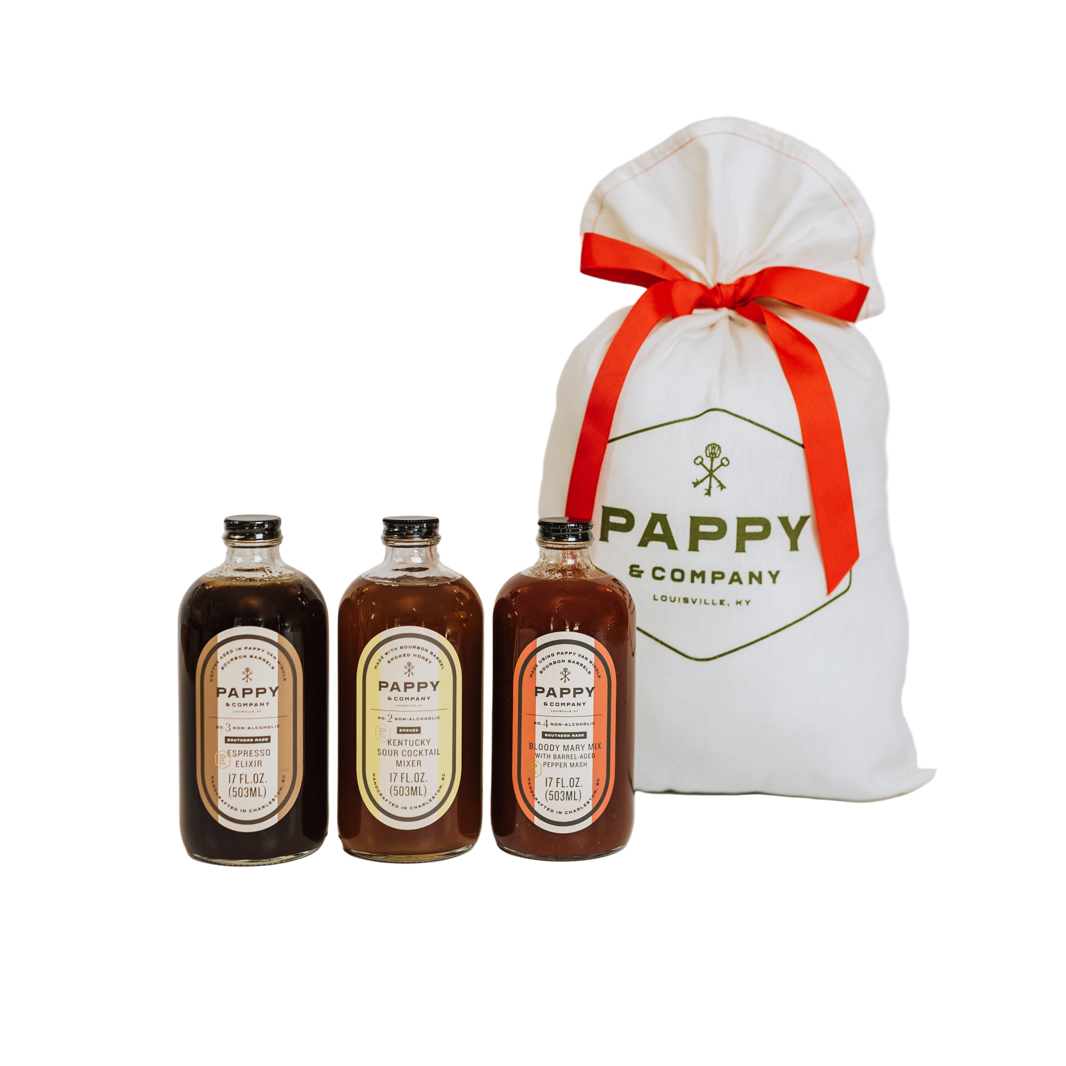 Three bottles of Pappy & Company liquor with a branded gift bag on a white background