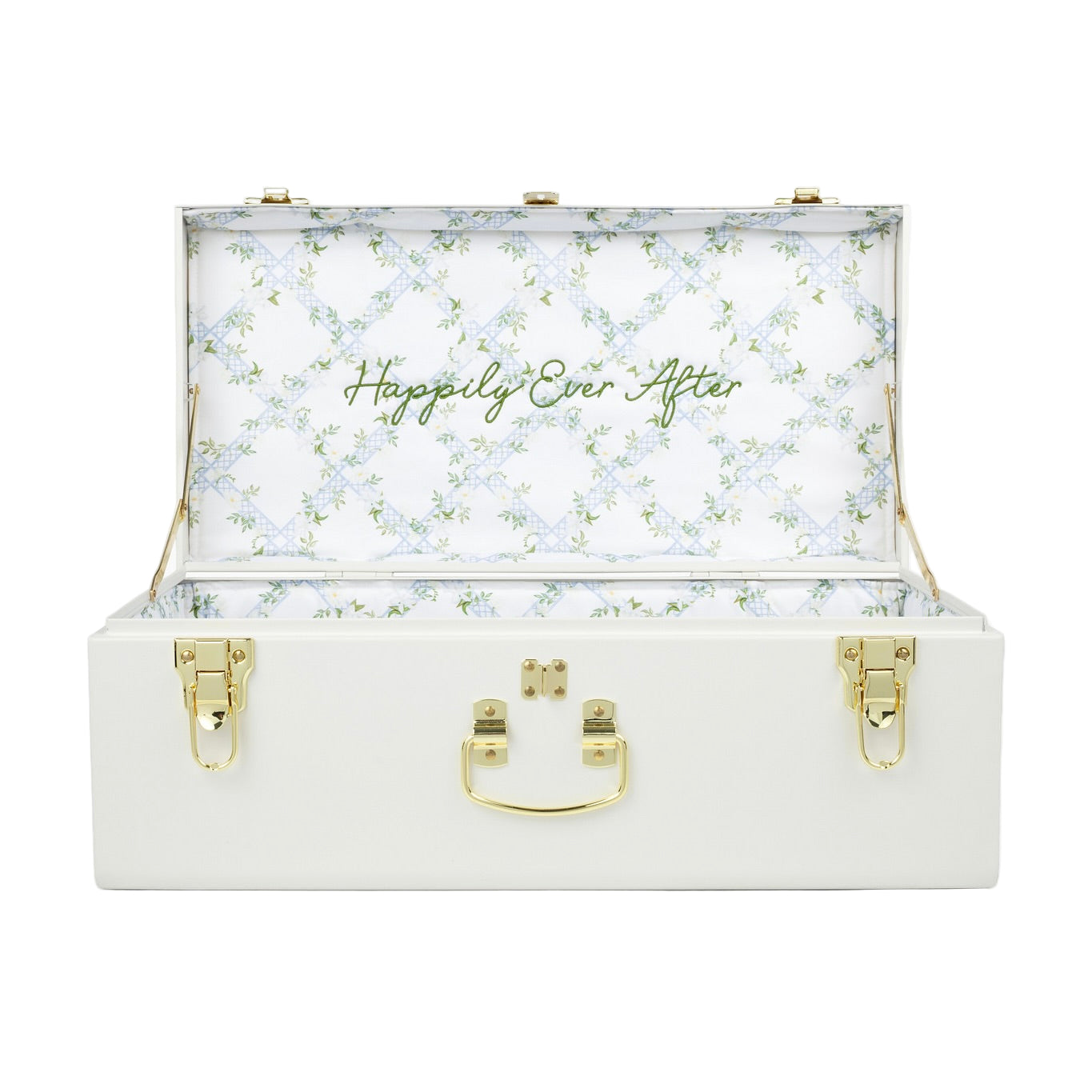 White Keepsake box with floral interior and 'Happily Ever After' text on a white background