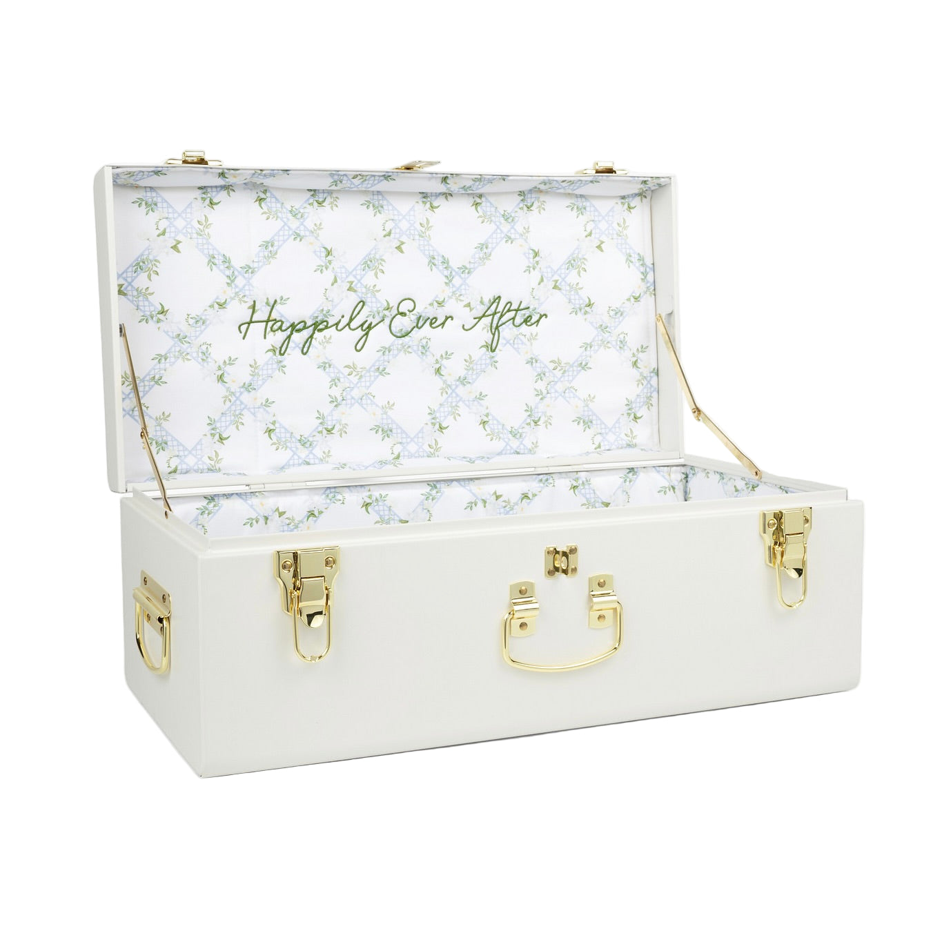 White keepsake
 box with floral interior and 'Happily Ever After' text on a white background