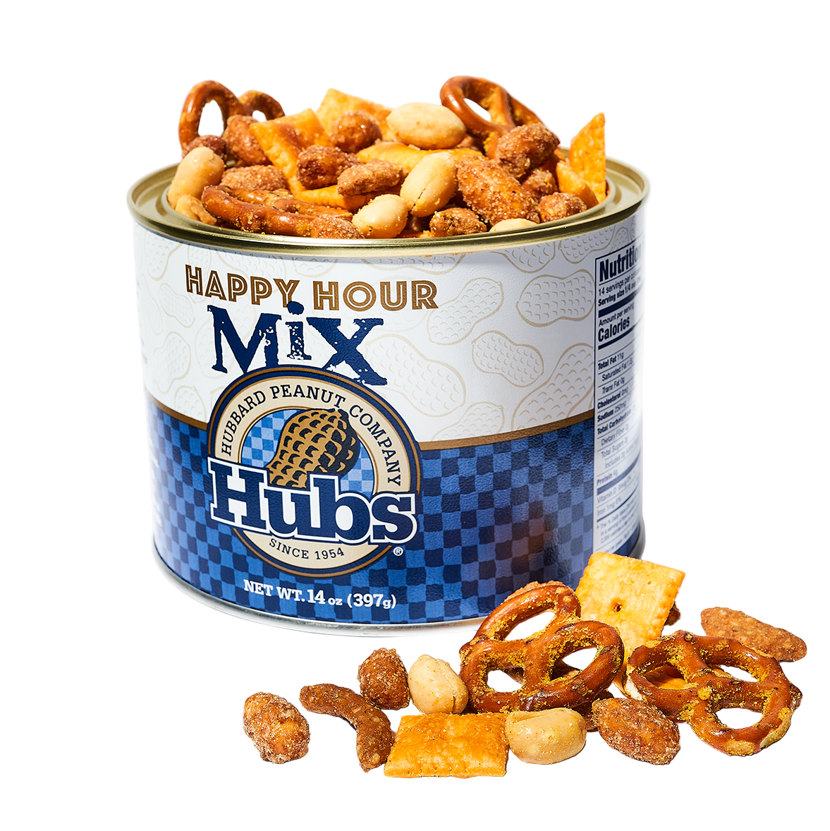 Can of Hubs Happy Hour Mix with snack mix spilling out on a white background