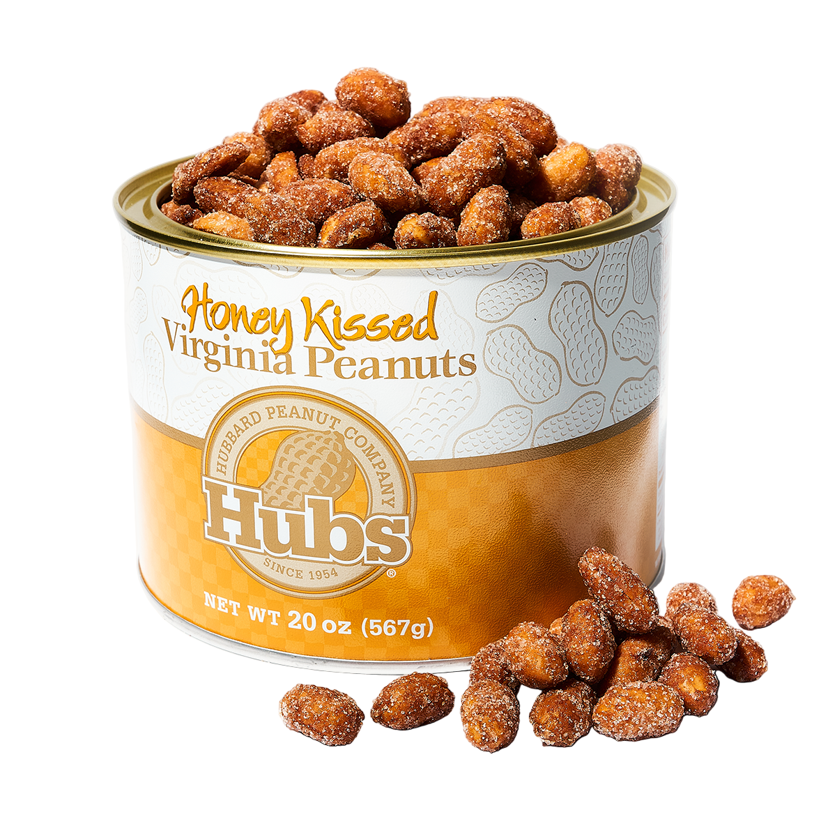 Can of Hubs Honey Kissed Virginia Peanuts on a white background