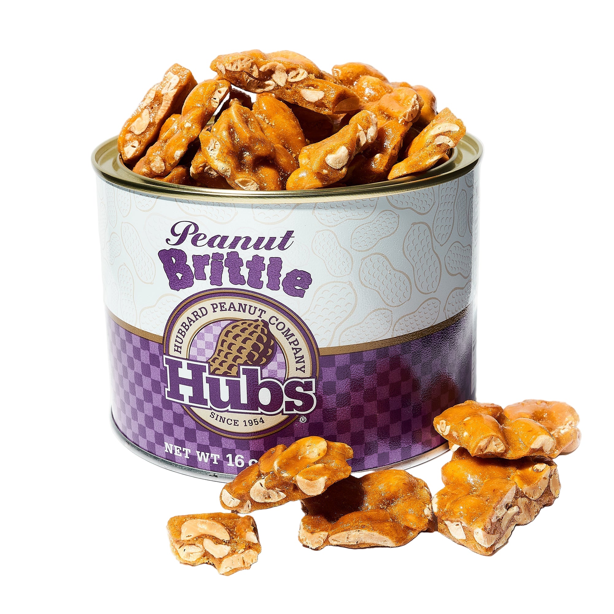 Can of Hubs Peanut Brittle with brittle pieces on a white background